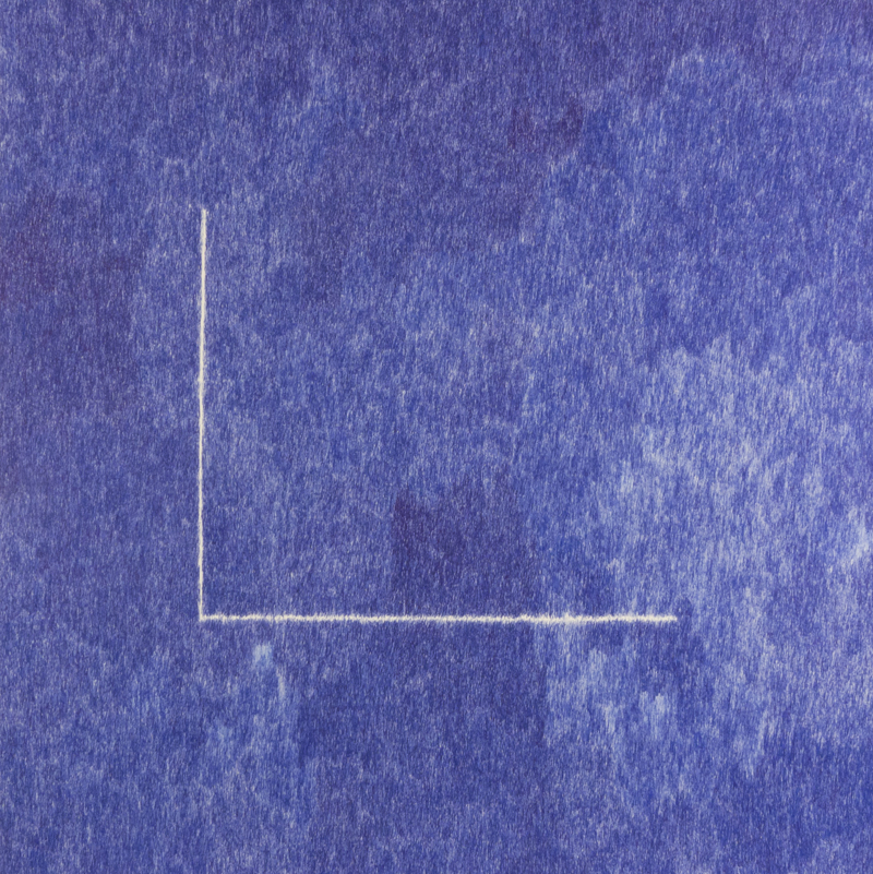 A deep blue textured surface with a pale yellow-green line forming a right angle in the lower left corner, creating a minimalist geometric composition against the mottled background.