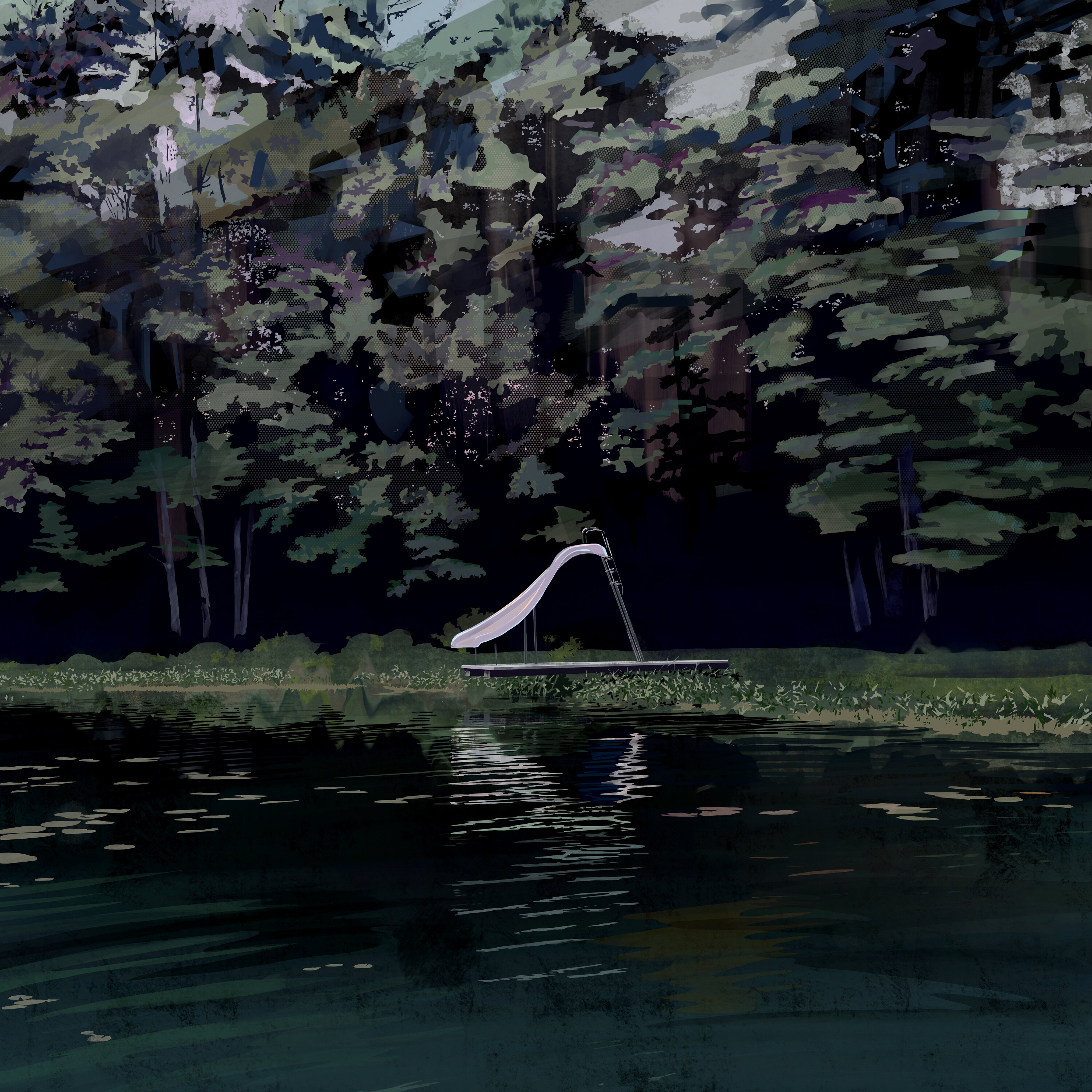 A minimalist landscape depicts a white playground slide positioned against a dense, dark forest canopy reflected in still water below. The composition uses muted greens, blacks, and blues with a grainy, layered print quality that creates atmospheric depth between the foreground water and shadowed treeline.