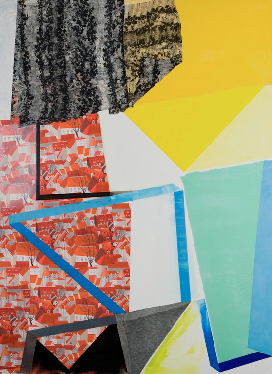 Collage of layered fabrics and painted elements featuring sequined textiles in silver and gold, patterned orange fabric with architectural imagery, and geometric shapes in yellow, turquoise, and blue against a white background, creating an abstract composition that suggests urban planning themes.