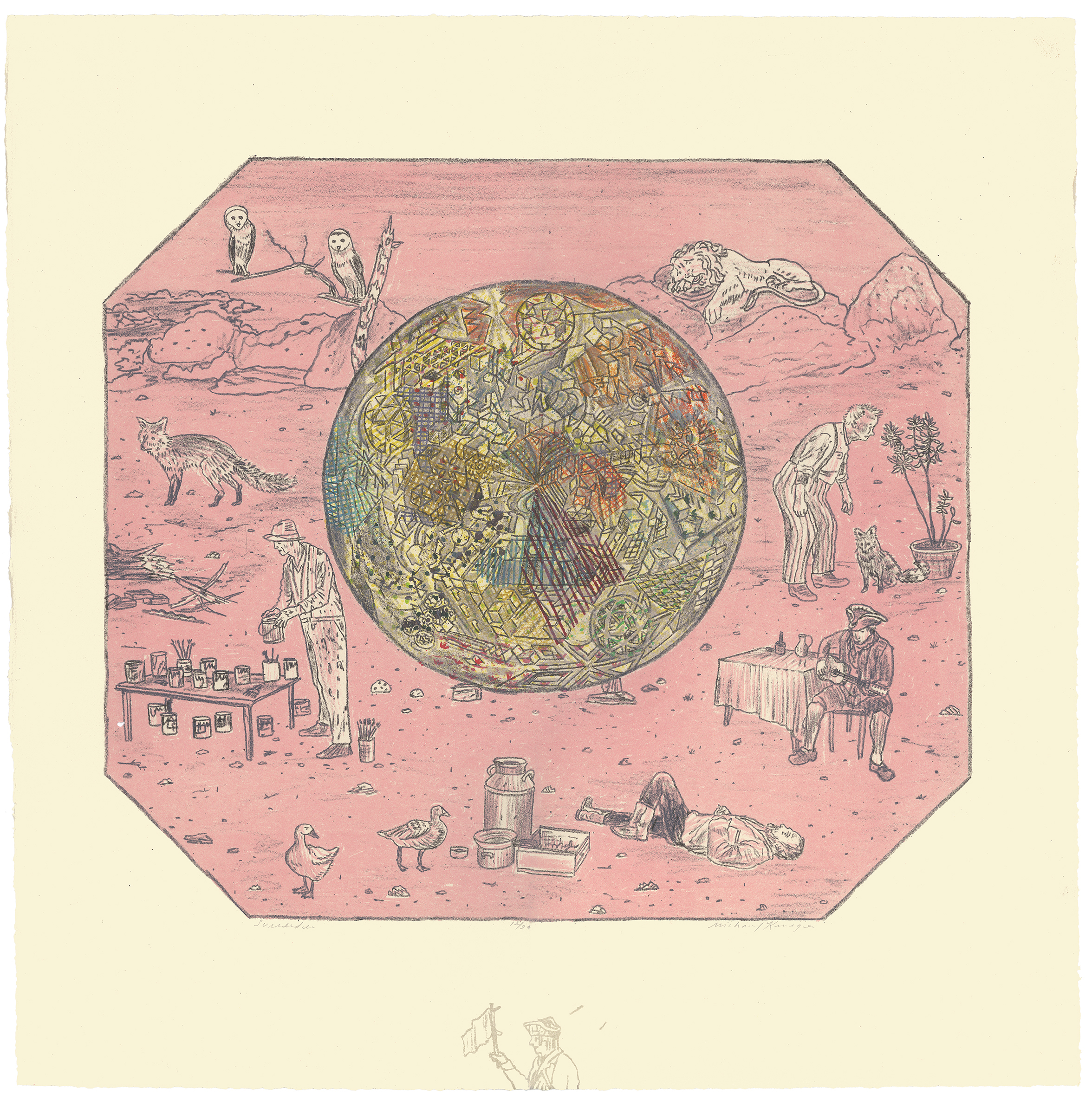 A surreal color lithograph depicting a dusty pink landscape with various figures and animals surrounding a large golden celestial sphere at center. The sphere's interior contains intricate, densely-packed imagery in gold and earth tones. Scattered around the barren terrain are human figures engaged in different activities, small animals including owls and a fox, potted plants, tables with objects, and architectural elements, all rendered in a detailed, hand-drawn style with subtle color variations and stamped textures.