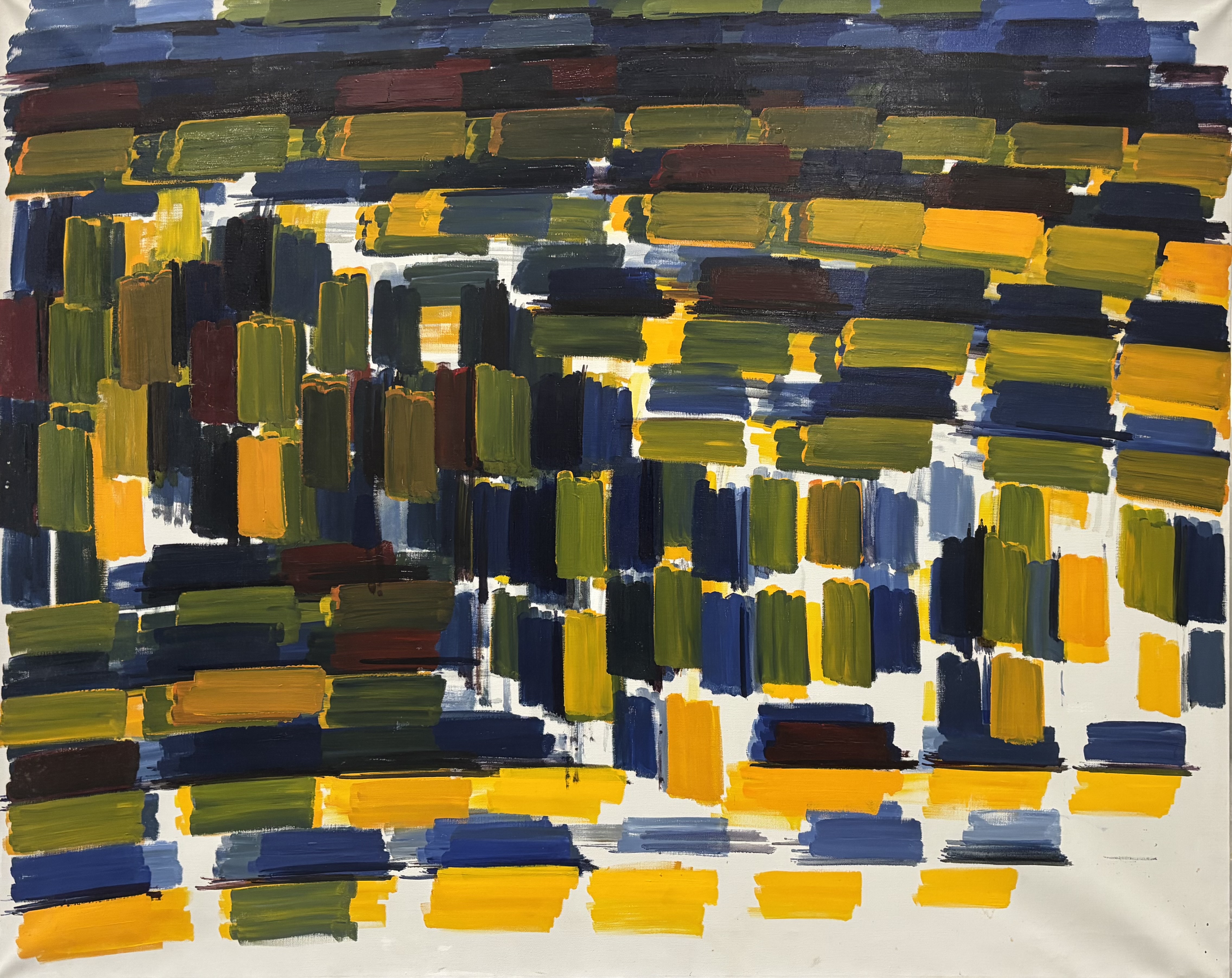 Abstract composition of horizontal and vertical brushstrokes in shades of yellow, olive green, navy blue, black, and burnt sienna arranged in a grid-like pattern against a white background. The gestural marks vary in length and opacity, creating rhythmic intervals across the canvas with areas of dense layering and open space.