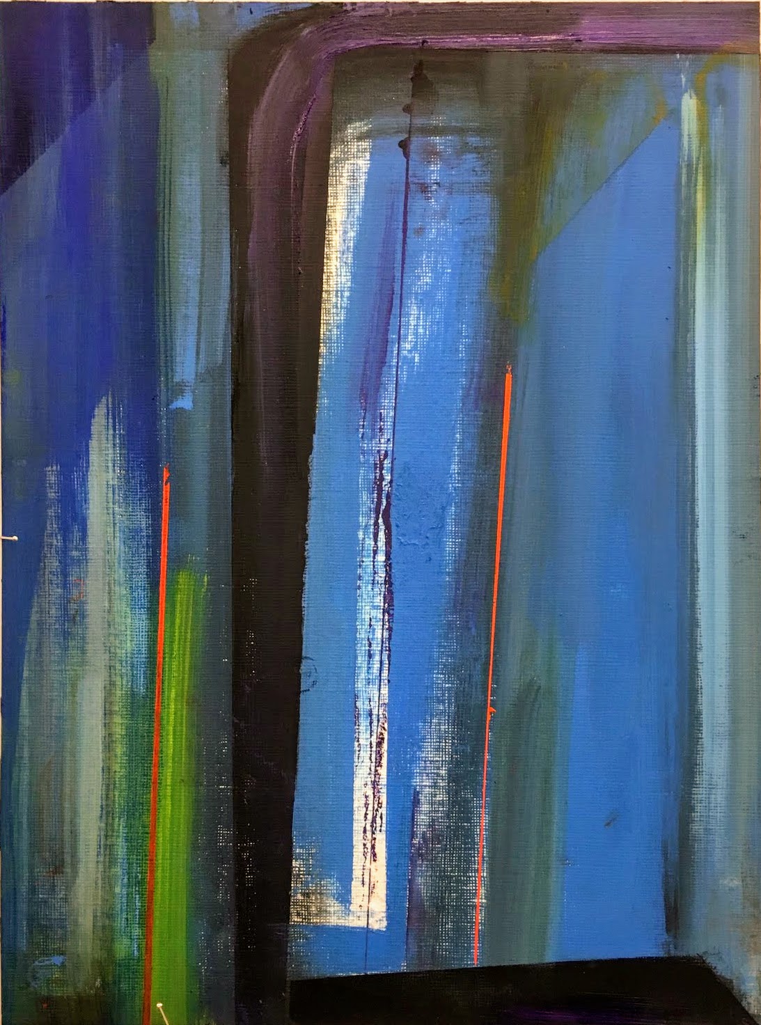 Abstract painting featuring vertical architectural forms rendered in cool blues, greens, and grays, with striking red lines descending through the composition. A central archway or doorway in muted tones creates depth, while layered brushstrokes and textural variations suggest interior spaces and light filtering through openings.