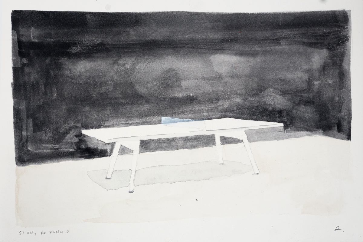 A minimalist watercolor study depicting a white modern table with angled legs set against a dark, atmospheric background rendered in charcoal or graphite. The composition contrasts the crisp geometric form of the furniture with the soft, gestural marks of the stormy backdrop.