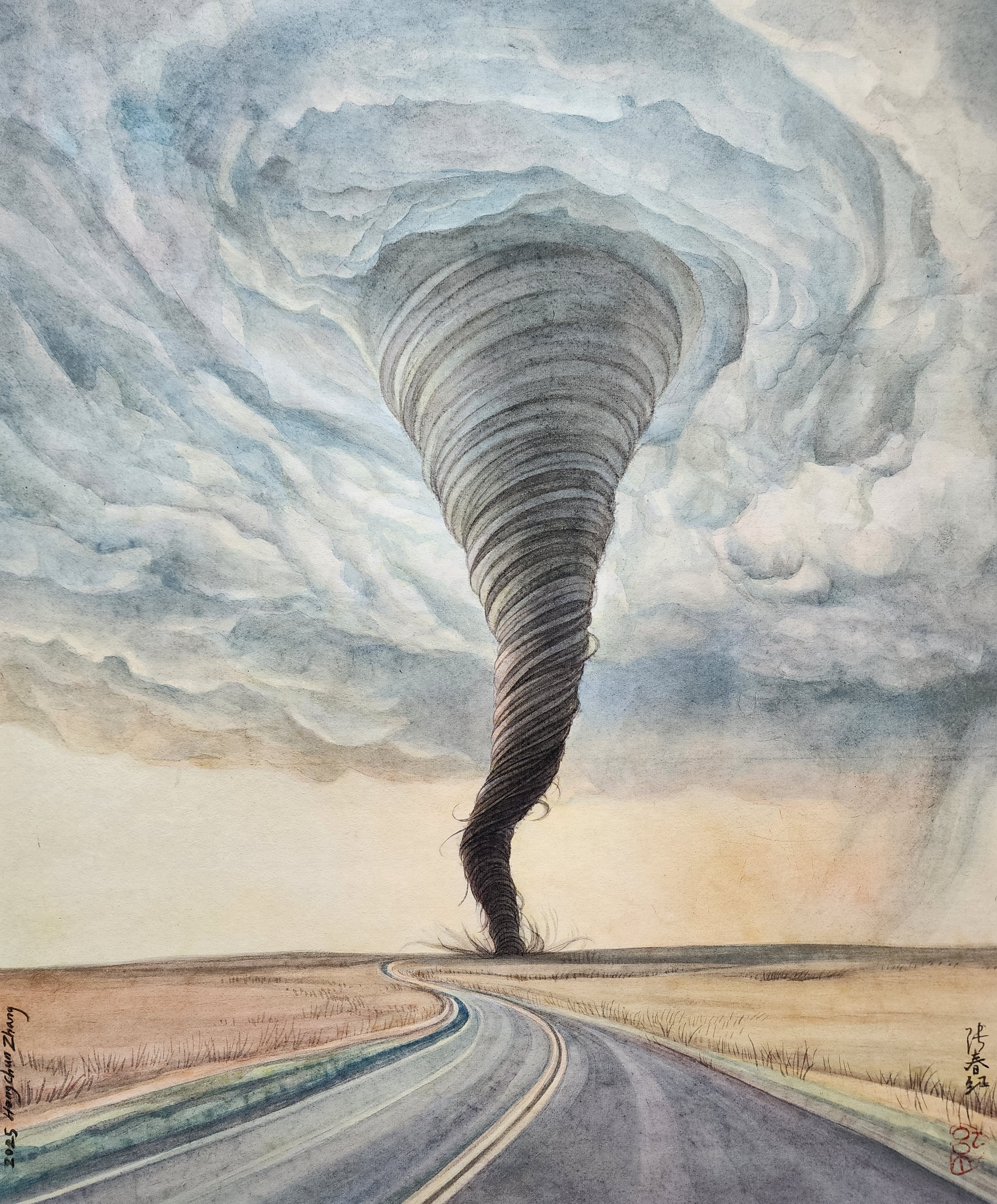 A dramatic watercolor depicts a towering tornado descending toward a flat landscape, its spiraling form rendered in dark grays and blacks against billowing white clouds. A straight road stretches toward the viewer in the foreground, rendered in muted blues and grays, cutting through tan grassland beneath the menacing storm.