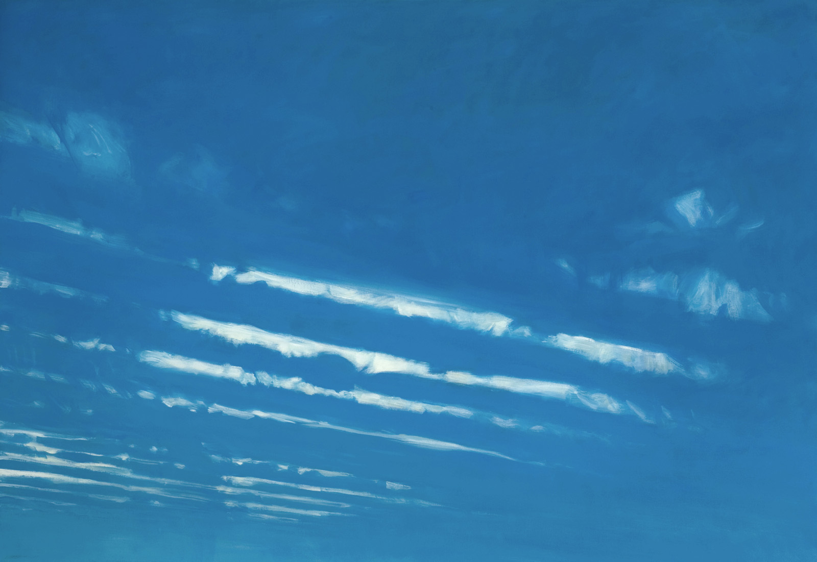Clear blue sky with wispy white clouds arranged in parallel horizontal bands across the composition, creating a serene, minimalist atmospheric scene.