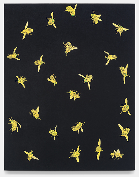 Golden yellow bees rendered in acrylic scatter across a dark black linen canvas in varying orientations and sizes, creating a dynamic composition against the neutral background.