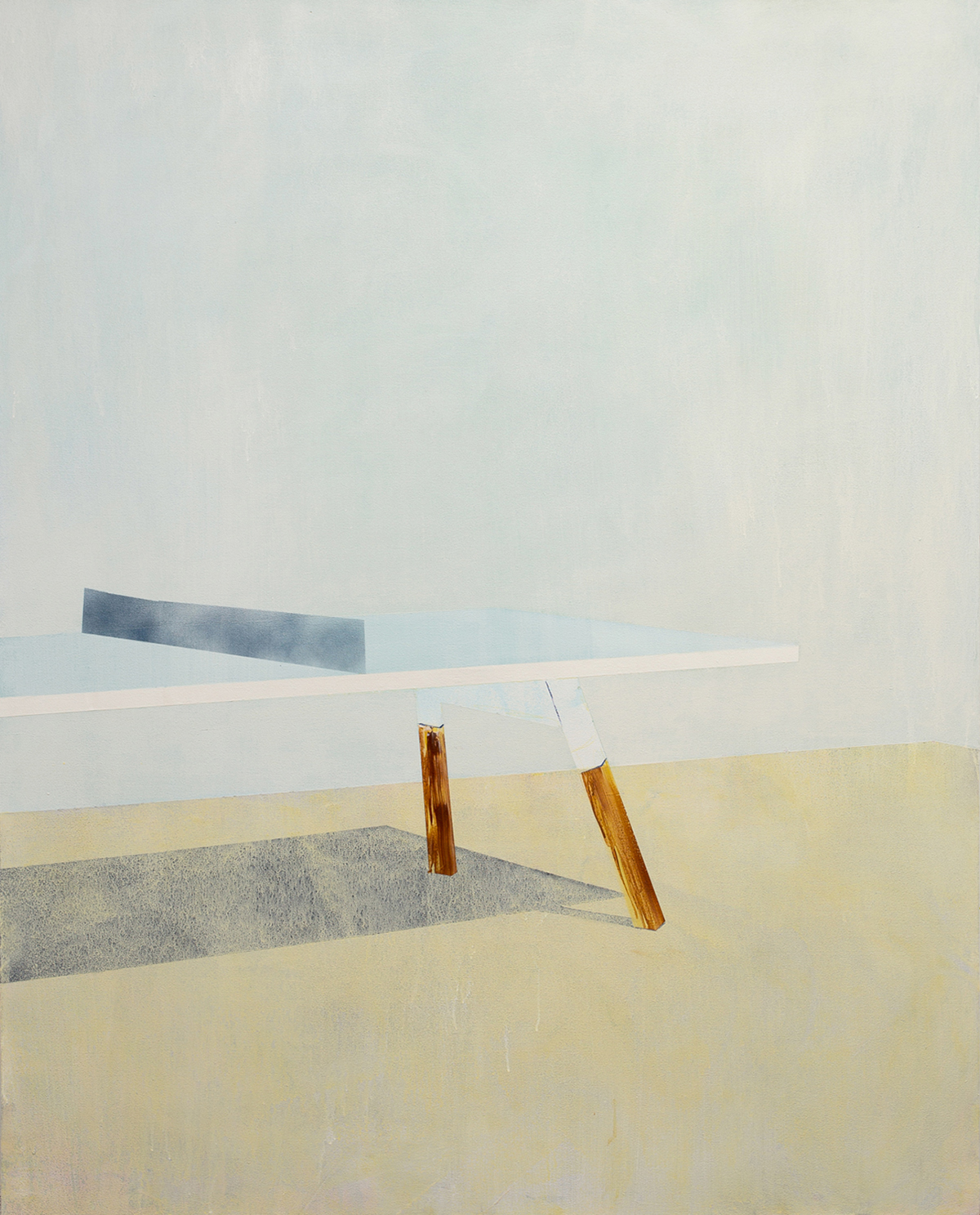 Minimalist painting featuring horizontal bands of soft colors—pale blue, cream, and gray—with two wooden posts emerging from a gray stripe across the composition. A thin white line divides the upper sections, creating a stark, geometric landscape.
