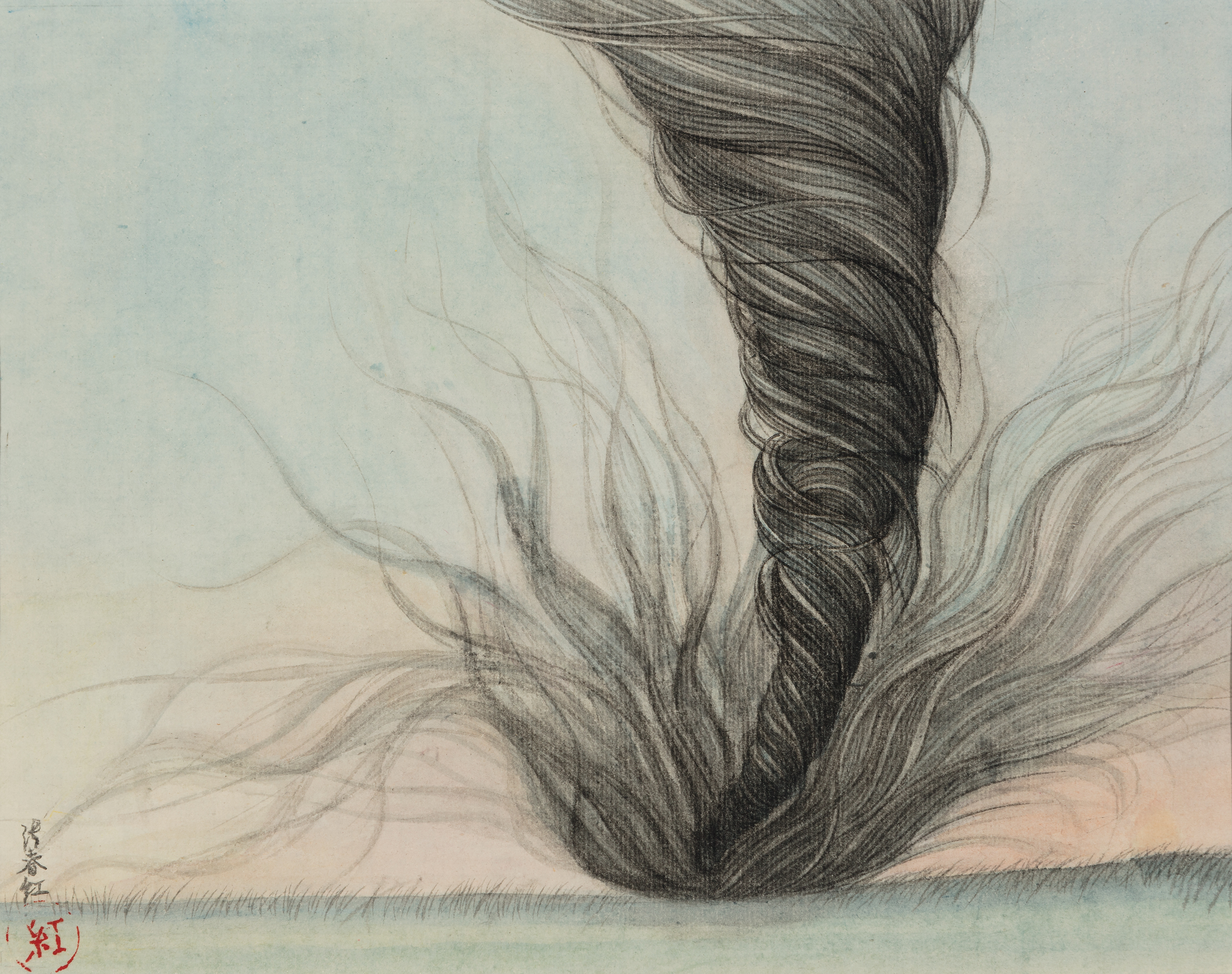 A delicate drawing of a braided ponytail rendered in dark graphite and ink, with loose strands flowing outward. Soft watercolor washes in pale peach and blue-green tones suggest a subtle background and ground, while fine linear details convey the texture of individual hair strands.