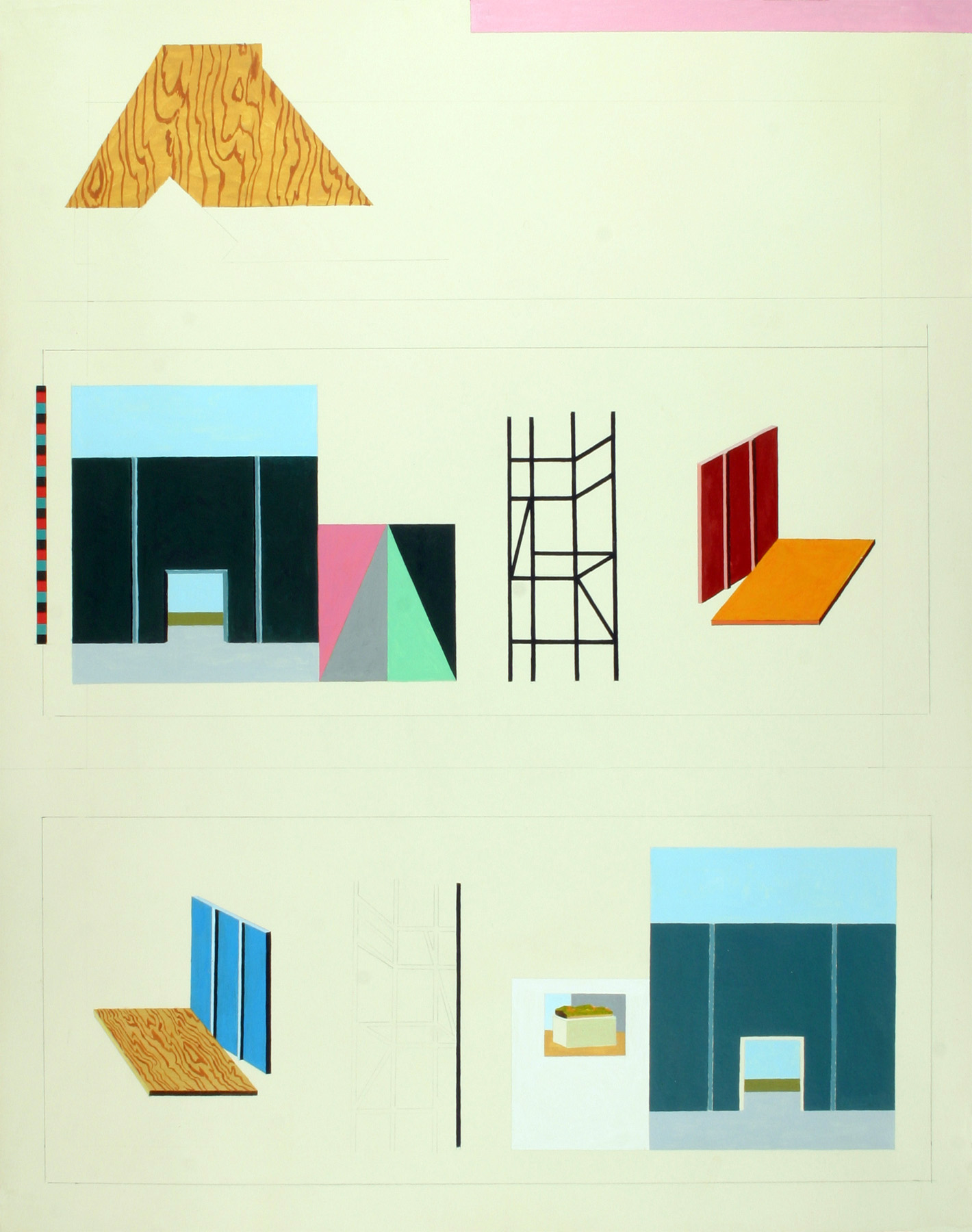 Abstract architectural composition on cream paper featuring geometric shapes in blue, black, pink, mint green, orange, and wood-grain textures. Upper section displays a wooden peaked roof form above stylized building facades with windows and scaffolding; lower section presents fragmented architectural elements including blue panels, a simple vertical line, and a small framed object, arranged in a scattered, compositional layout.