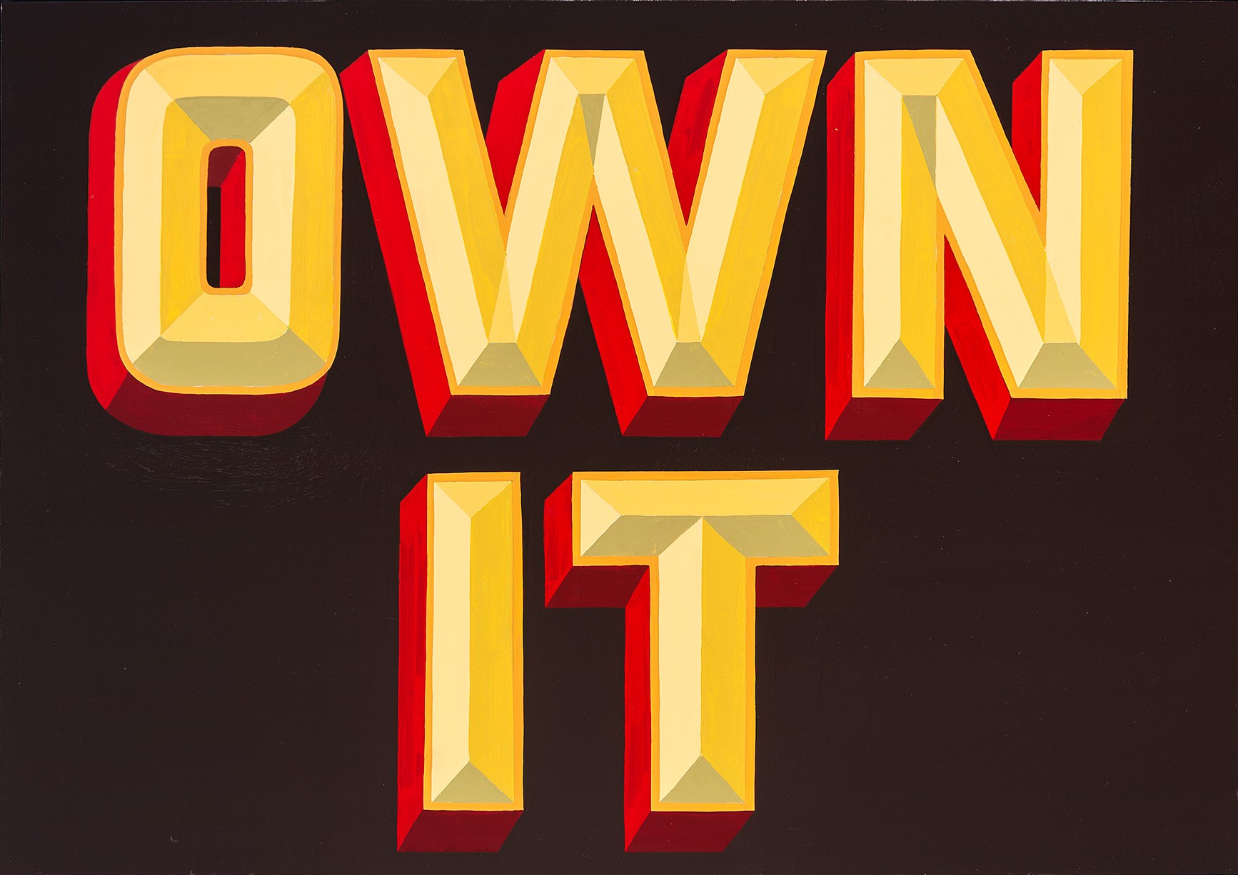 Bold, three-dimensional gold letters spelling "OWN IT" rendered in vibrant yellow with red shadowing against a dark brown background. The letters have a faceted, beveled appearance that creates strong depth and luminosity through layered geometric shading.