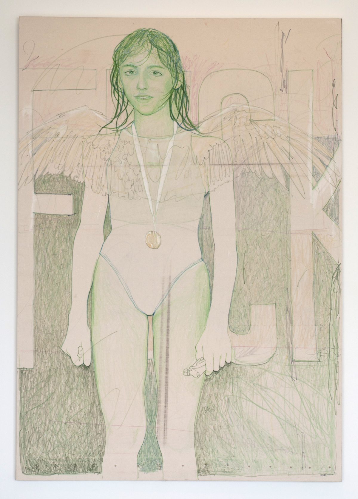A figure with green hair and wings stands centrally against an architectural background, rendered in green and blue crayon and marker on canvas. The composition combines a frontal portrait with geometric interior elements and textured shading throughout.