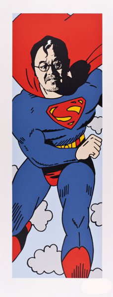 A stylized portrait of a man's face with exaggerated features in black ink superimposed over a figure in a bright blue superhero costume with a red cape and iconic shield emblem, set against a red background with white clouds. The composition uses bold graphic lines and a limited color palette of red, blue, black, and white in a pop art style.