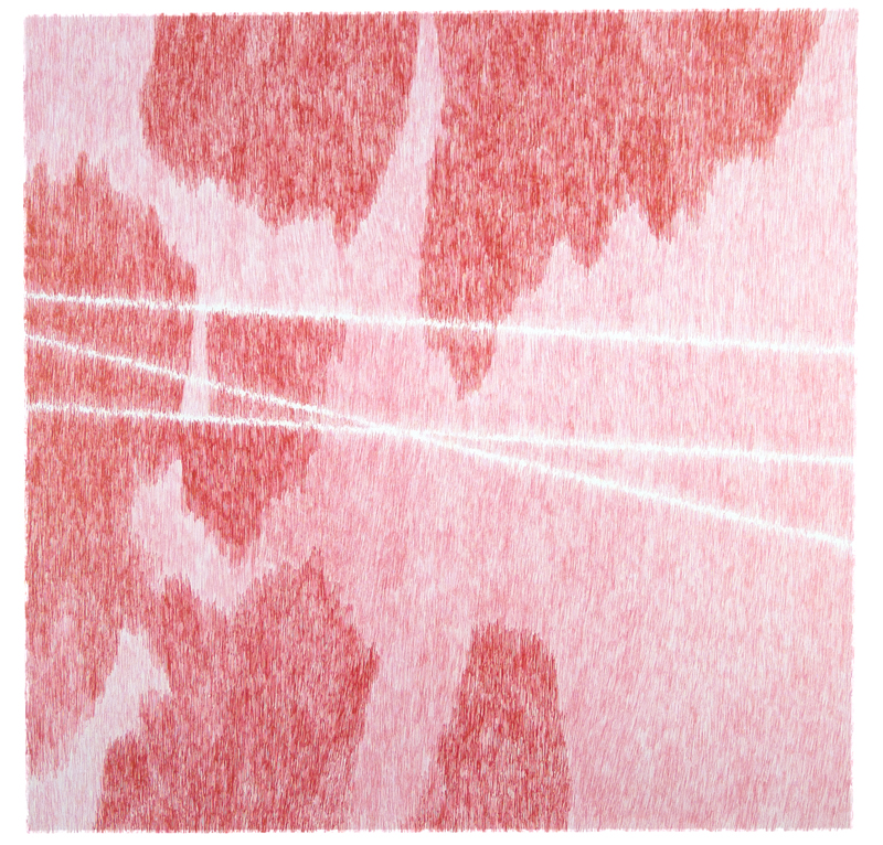 Abstract composition in shades of red and pink with white linear elements dividing the composition. Vertical streaking and textured brushwork create an expressive, gestural surface across the entire work.