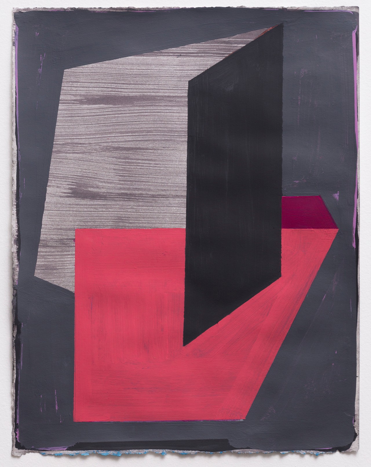 Abstract geometric composition featuring a dark gray background with a three-dimensional architectural form rendered in light gray with horizontal striping, a solid black angular shape, and a bright red arrow-like form pointing upward to the right. The layered planes create a sense of depth and movement across the composition.
