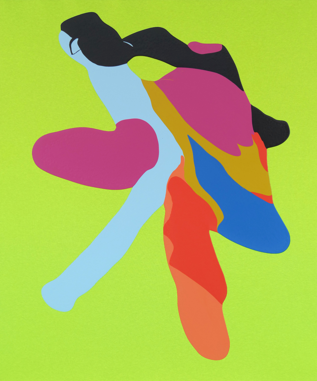 Abstract figure in dynamic motion against a bright lime green background, rendered in bold, overlapping shapes in magenta, black, sky blue, golden yellow, coral red, and royal blue. The composition suggests a dancer or acrobat with fluid, gestural forms creating a sense of energetic movement and playfulness.