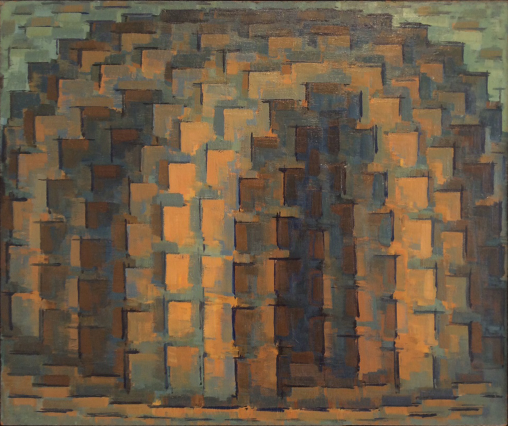 Abstract composition of overlapping rectangular forms in warm oranges and browns, layered with cooler grays and greens, creating a three-dimensional effect through careful use of shadow and depth. The geometric blocks are arranged in a densely packed, staggered pattern that suggests an excavated or quarried landscape.