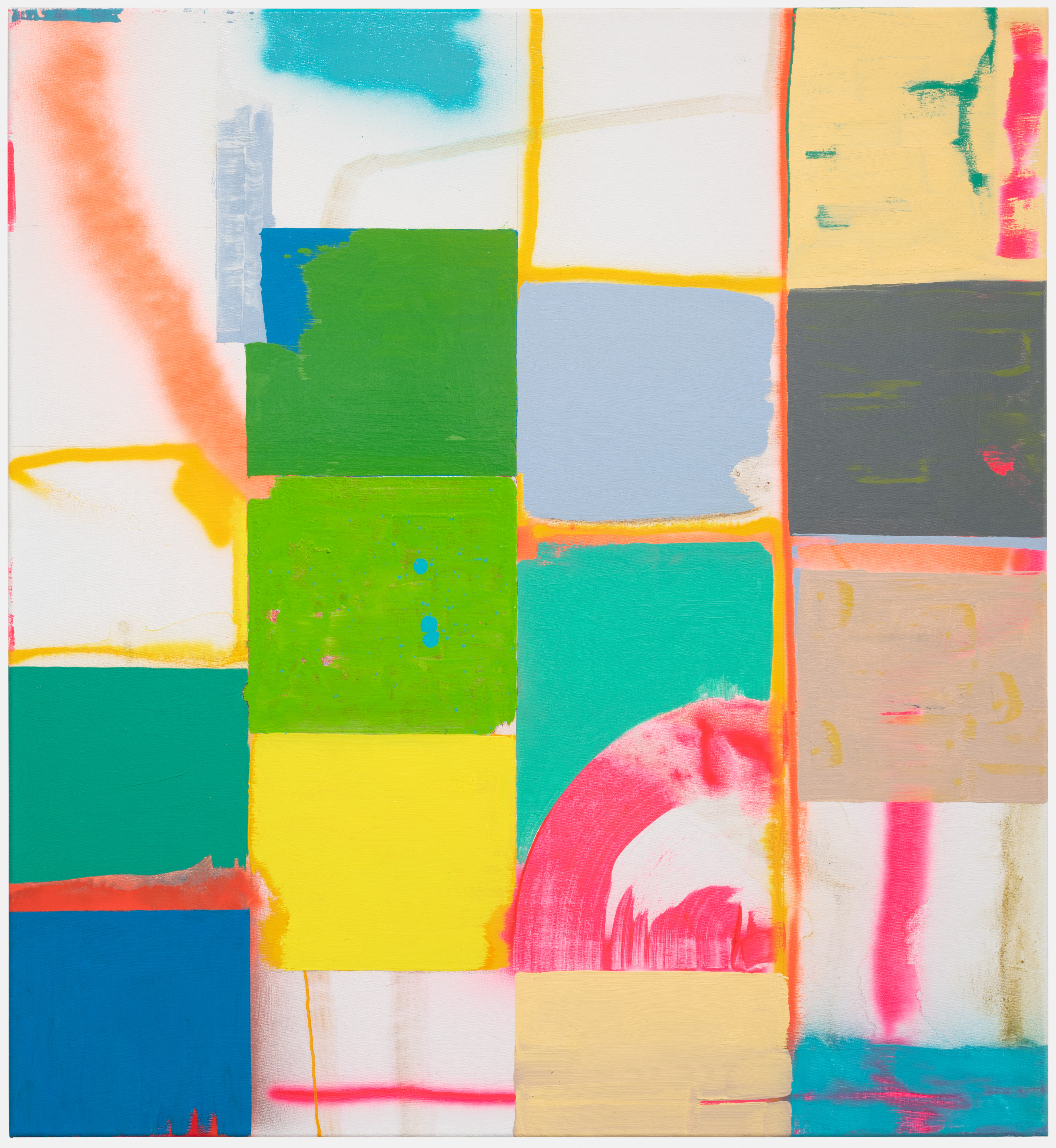Abstract composition with boldly colored rectangular sections outlined in yellow and orange lines, featuring vibrant blocks of green, blue, cyan, yellow, and pink against white and neutral backgrounds, with gestural marks and paint drips creating dynamic layering across the canvas.
