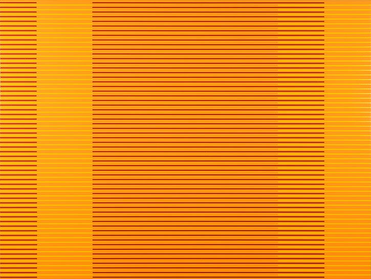 Geometric abstraction composed of three vertical sections with horizontal striping in varying densities. The left and right sections feature tightly spaced dark orange lines on a bright yellow ground, while the wider central section displays looser horizontal stripes in orange and yellow tones, creating a rhythmic visual pattern across the composition.