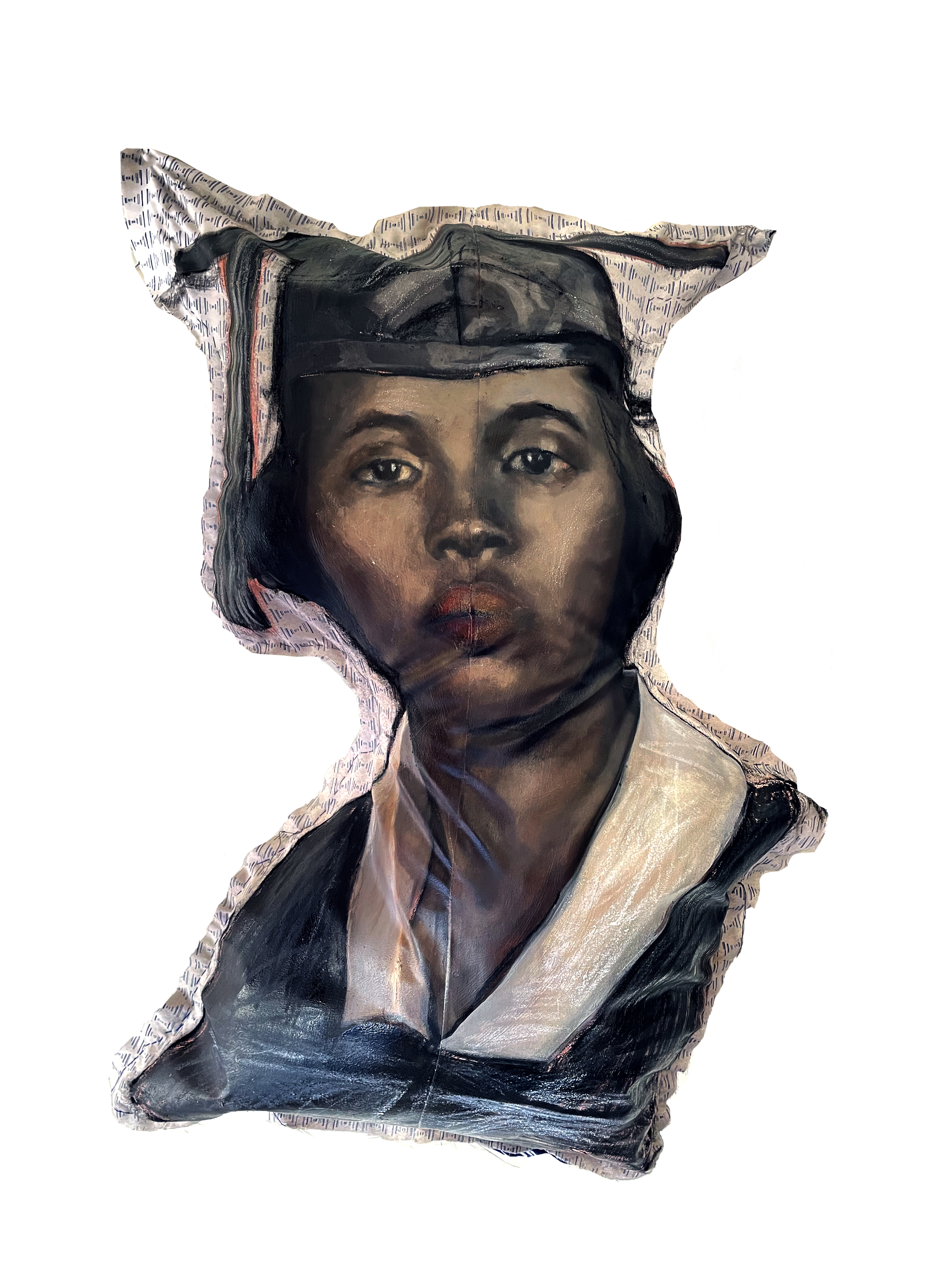 Portrait bust of a person with dark hair and a head wrap, painted in muted earth tones and blacks. The figure wears a dark jacket with a cream-colored collar against a light background with text-like markings, rendered in mixed media with visible brushwork and layered materials creating an expressive, sculptural quality.