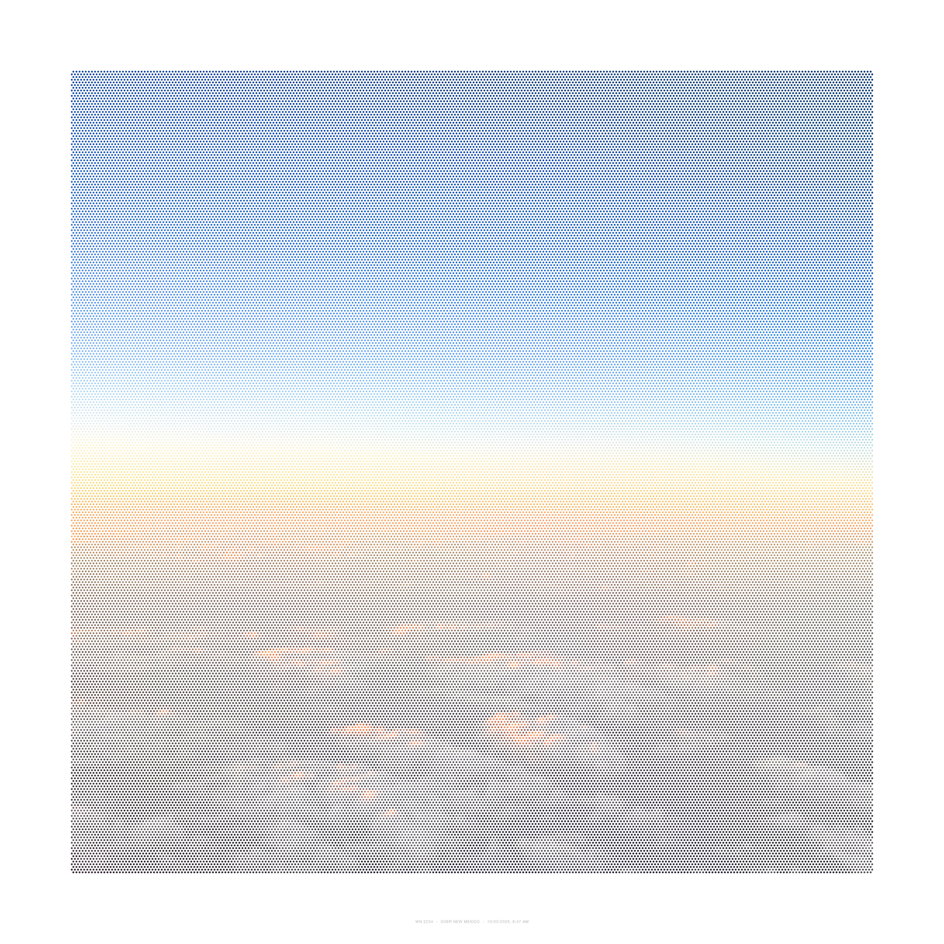 Minimalist composition divided horizontally into two sections: a densely dotted blue-gray upper half transitions to a cream and pale yellow lower half, creating a subtle gradient effect suggesting a horizon line between sky and land.