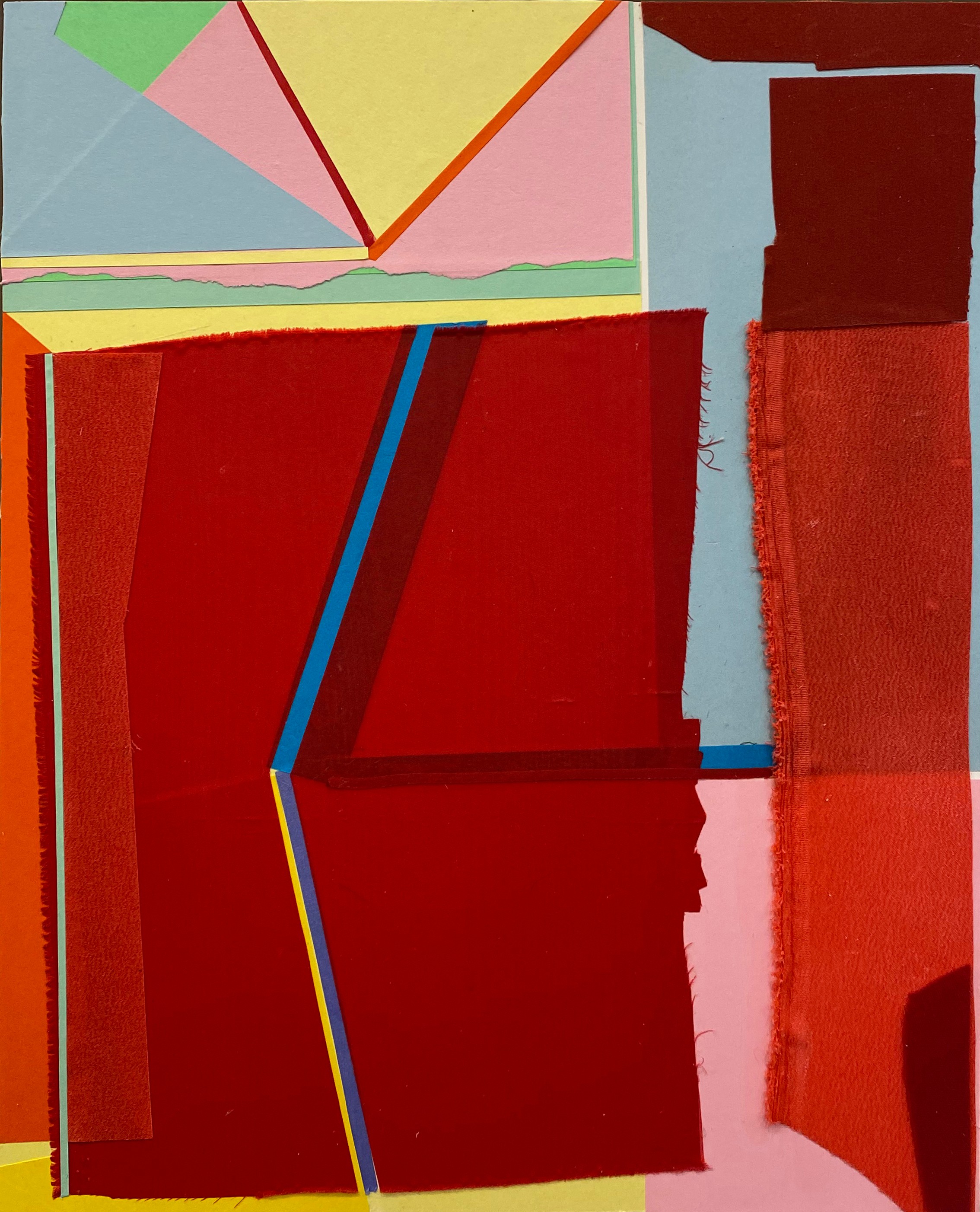 Abstract composition featuring layered geometric shapes in vibrant colors including red, yellow, pink, and blue. Mixed materials including textured fabric and paper create dimensional planes and angular forms across the surface, with raw fabric edges visible throughout the composition.