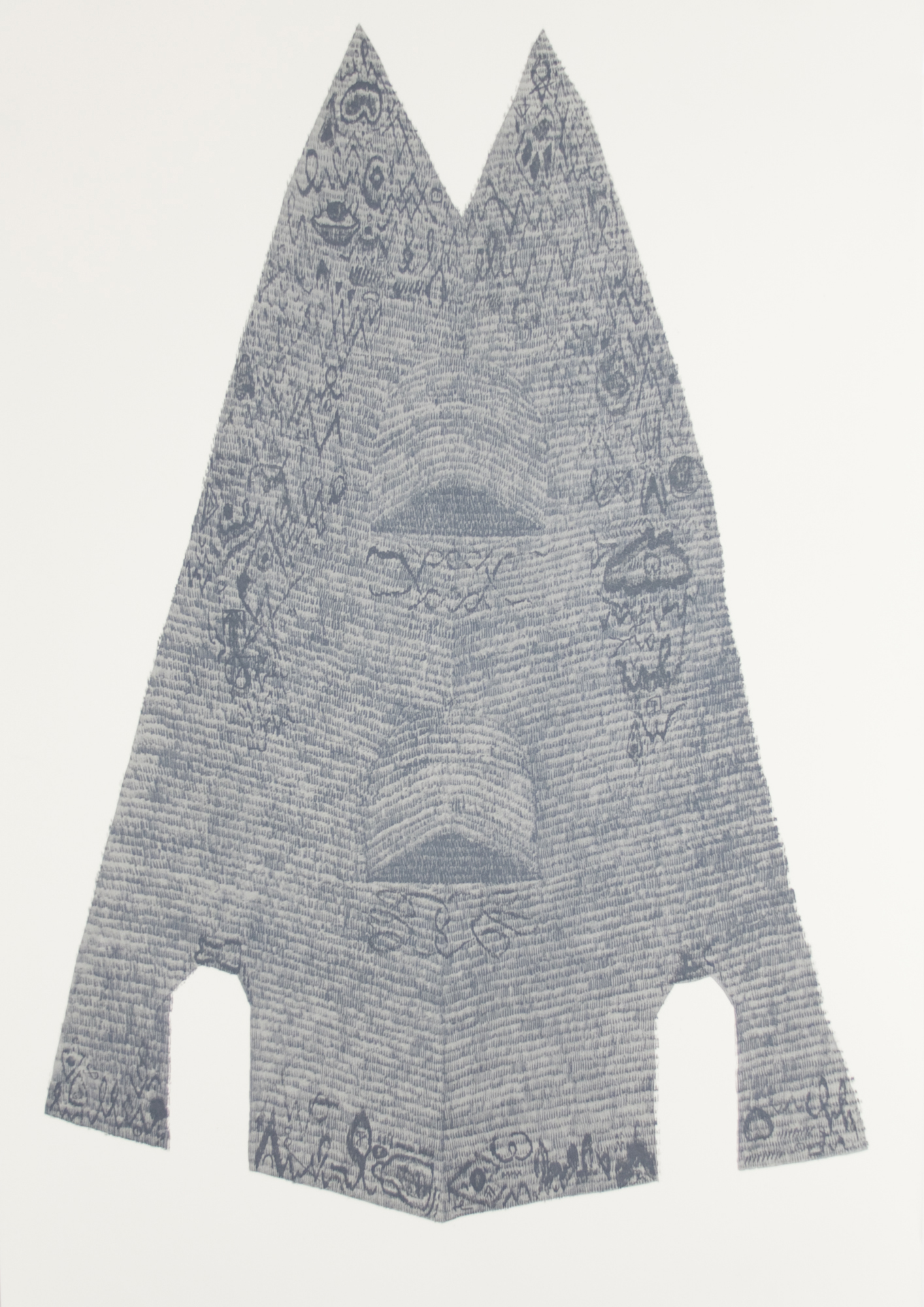 A tall, pointed triangular form with two peaks rendered in screenprinted graphite, filled with dense horizontal lines and intricate patterned imagery. Two rectangular cutouts at the base create an arch-like negative space, while decorative motifs and textural marks emerge across the surface.