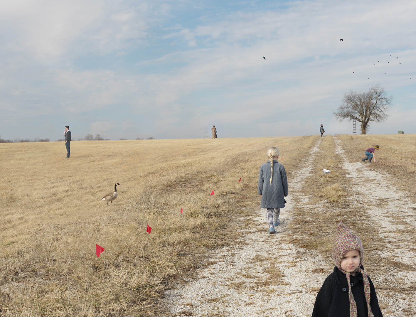 A sprawling rural landscape with a dirt road stretching toward the horizon, where multiple figures in winter clothing are scattered across a barren, stubbled field. Red flags mark surveyed plots in the foreground, while a bare tree stands near farm structures in the distance. A goose walks in the field as birds fly overhead, and a child in a knit hat looks directly toward the camera in the lower right.