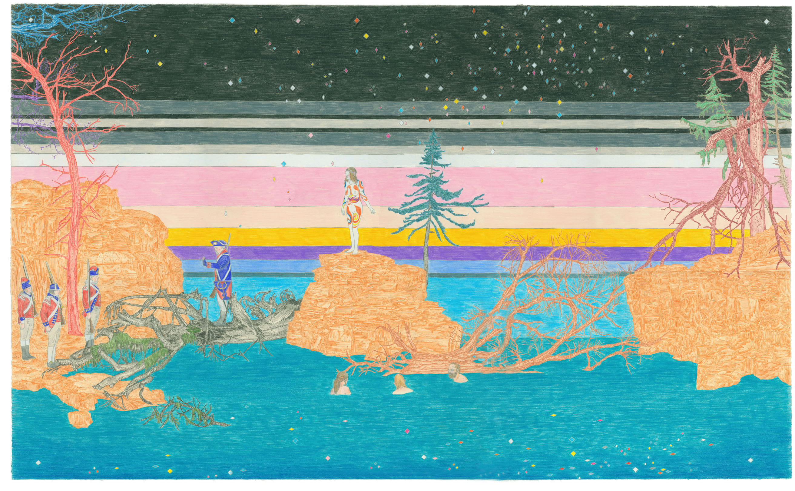A surreal landscape divided by horizontal bands of color—dark green, gray, pink, yellow, purple, and turquoise—depicts a coastal scene with bare trees, rocky outcrops, and standing figures. A solitary figure in patterned clothing stands centrally near a stylized evergreen tree, while small diamond-shaped gems or lights scatter across the composition. The work employs colored pencil technique with intricate texturing throughout.