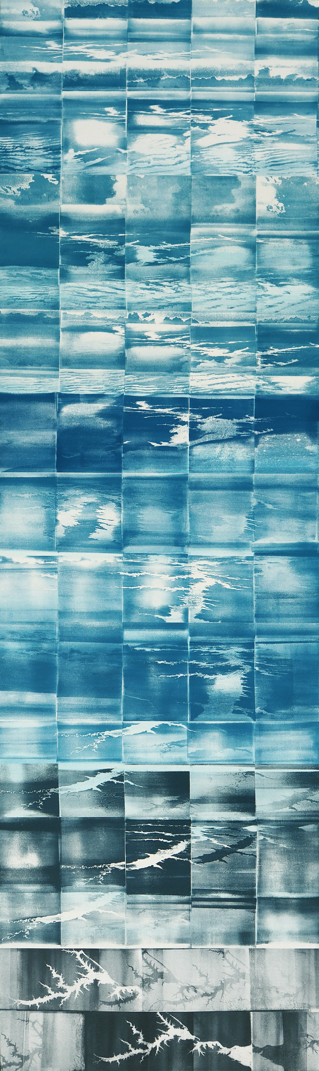A gridded composition of overlapping translucent papers in shades of blue, white, and gray depicting fragmented views of water, waves, and glacial landscapes. The layered rectangular segments create a fragmented, mosaic-like effect that suggests aerial or fragmented perspectives of flowing water and ice formations.