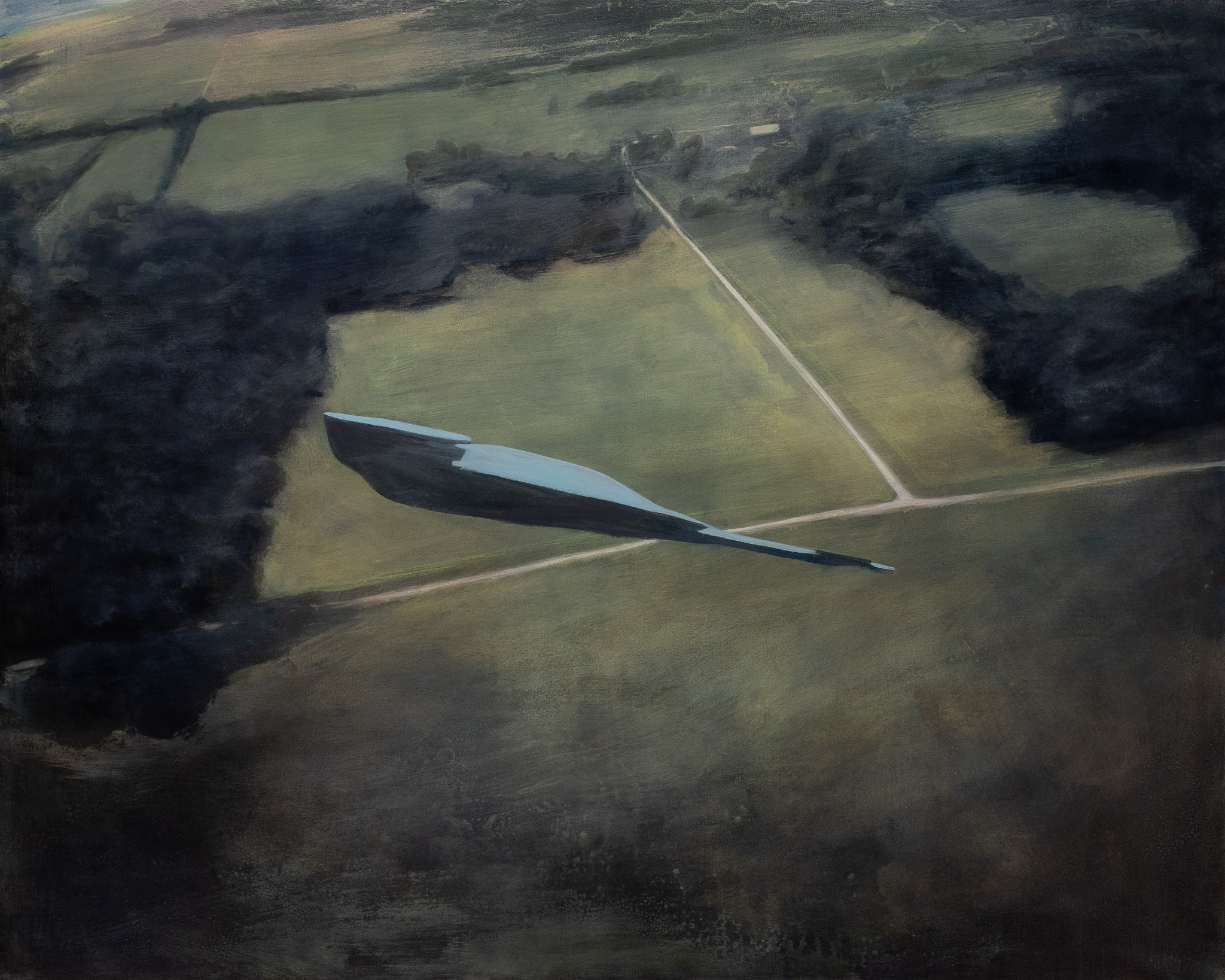 An aerial landscape painting depicting a sleek, elongated boat or vessel rendered in pale blue-white tones, positioned diagonally across tan and olive-green fields bordered by dark forested areas. The composition merges realistic topographical elements with an almost surreal quality, suggesting movement across the geometric agricultural landscape.