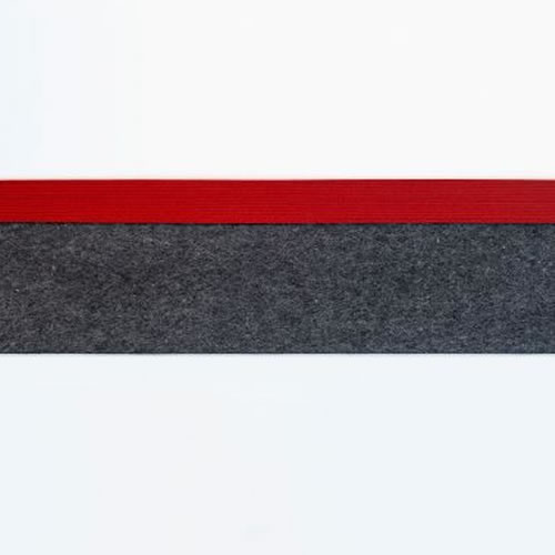 Horizontal composition featuring three bands of color: white at top and bottom framing a red stripe above a textured dark gray or charcoal band, creating a minimalist abstract arrangement with a tactile, felted material quality.