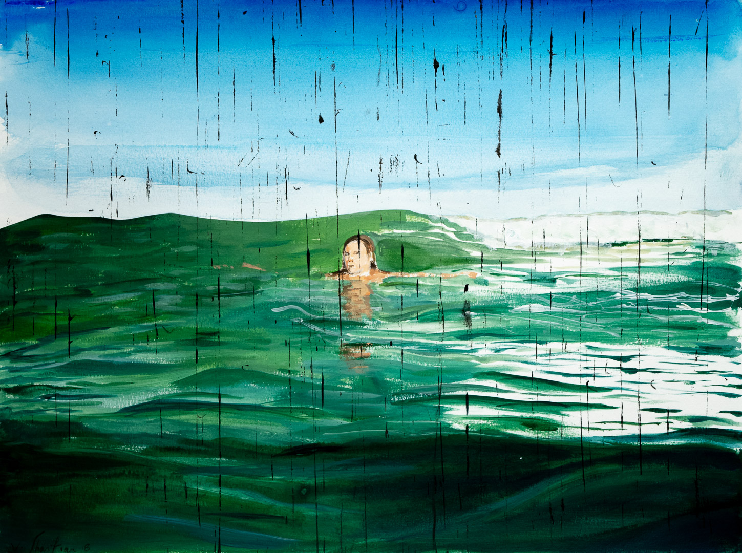 A figure with a contemplative expression emerges from layered emerald and turquoise waters, their head and shoulders visible above the surface. Vertical black lines stream across the composition from sky to water, creating a rain-like or film-strip effect that overlays the landscape of rolling green hills beneath a pale blue sky.