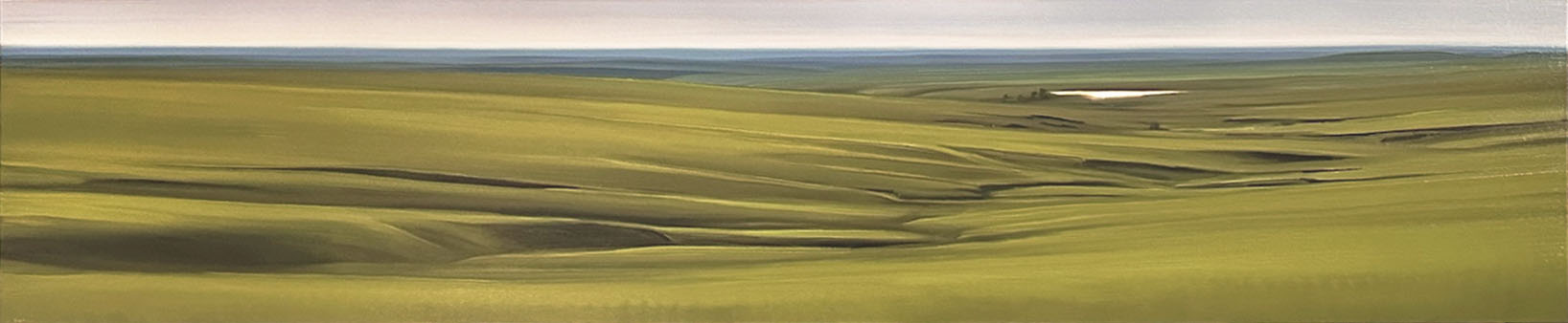 Horizontal landscape painting depicting rolling prairie grasslands in muted greens and ochres, with subtle variations in tone creating depth across gently undulating terrain. A small white water feature and distant horizon line punctuate the expansive, minimalist composition.