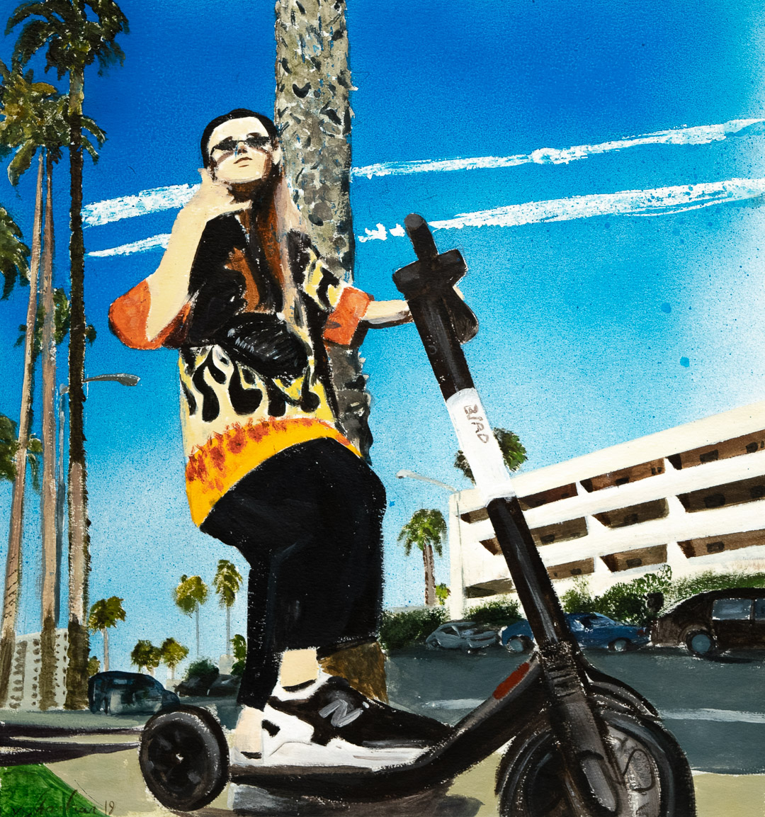A stylized figure in sunglasses and vibrant patterned clothing leans against a palm tree trunk, holding a large black cross. An electric scooter sits in the foreground against a brilliant turquoise sky with white brushstrokes. The composition combines bold acrylics with collage elements, featuring palm trees, a modernist building, and parked cars in a sun-drenched landscape.