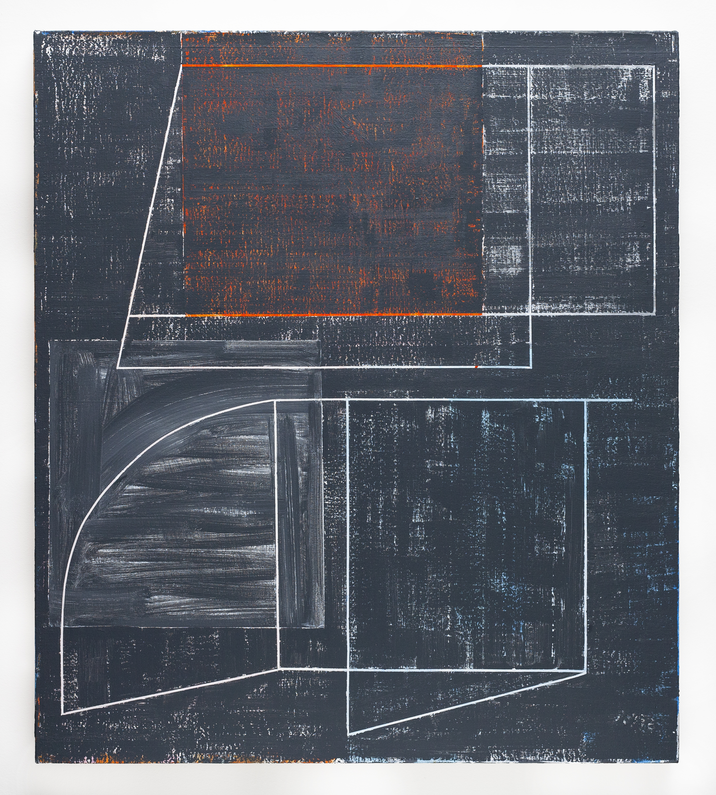 A dark charcoal canvas with white linear architectural drawings depicting interior floor plans and geometric forms. Rust-orange text or marks overlay the upper central section, creating visual contrast against the predominantly dark palette with touches of blue and weathered surface texture.