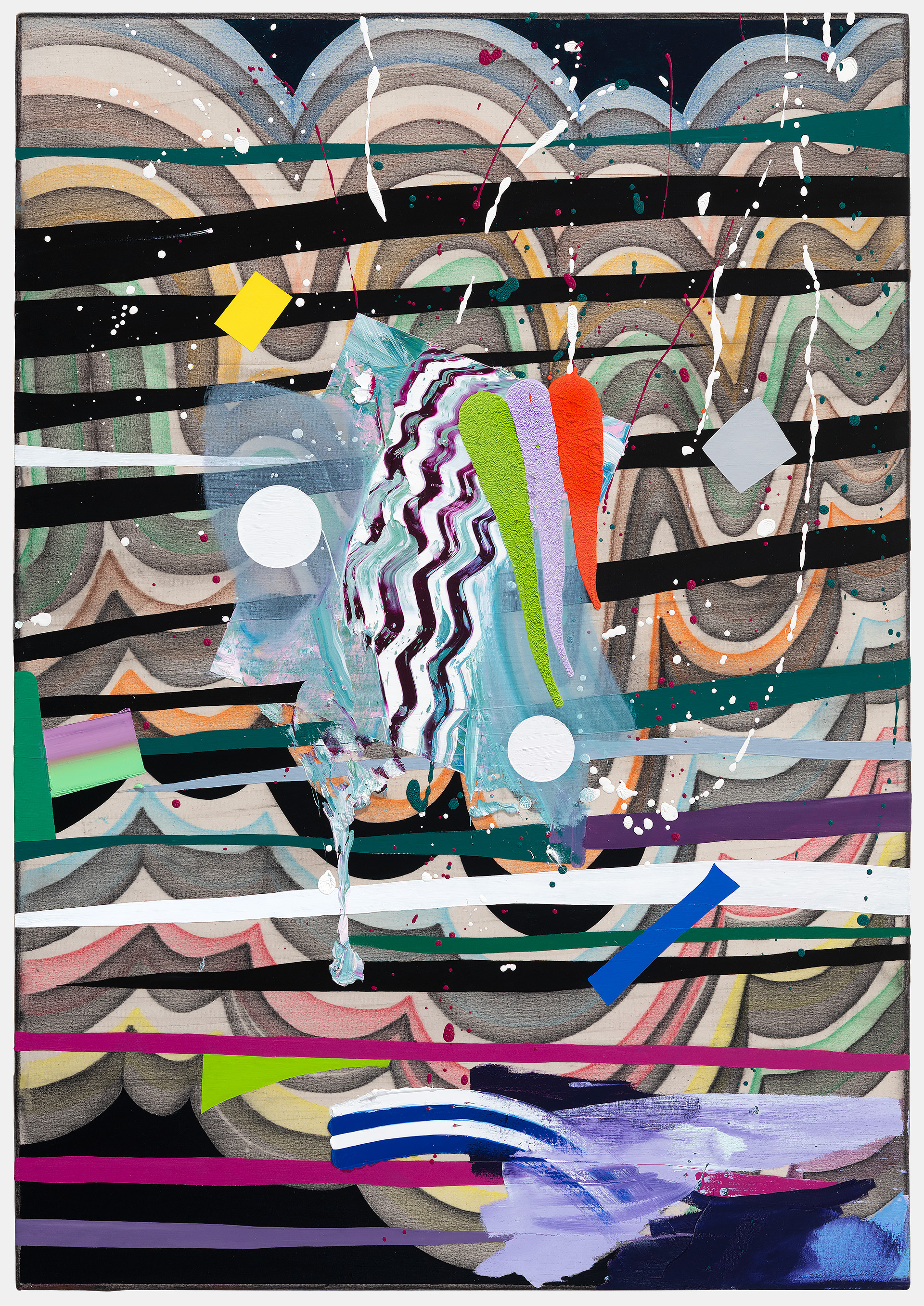 Mixed-media abstract composition featuring horizontal black bands layered over textured wavy patterns in earth tones, with vibrant accents of neon green, hot pink, purple, and blue. Geometric shapes including circles, rectangles, and angular forms in contrasting colors are scattered throughout, with white paint splatters and drips creating dynamic movement across the canvas.