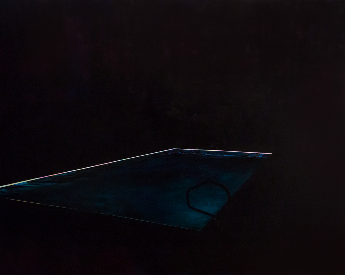 A translucent teal-blue form floats against a dark background, its elongated, leaf-like shape tapering to sharp points at either end. A circular aperture or void is visible within the center of the form, while its upper edge is illuminated with a subtle golden highlight that creates dimensional depth.