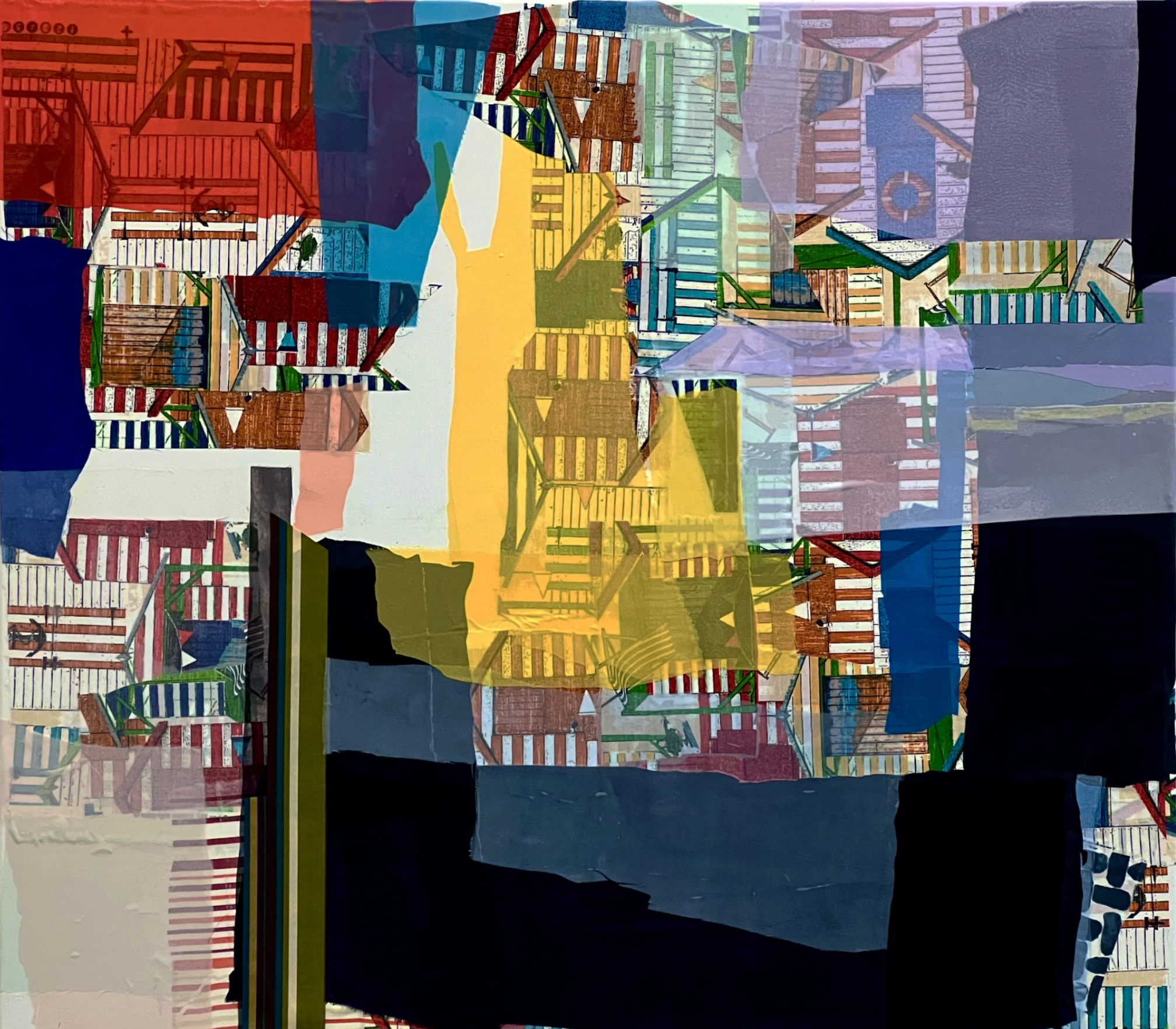Abstract composition featuring overlapping architectural elements—fire escapes, railings, and building facades—rendered in vibrant colors including yellow, red, blue, green, and purple. Geometric shapes and translucent layers create depth across the canvas, with bold linear patterns and fragmented building imagery woven throughout the composition.