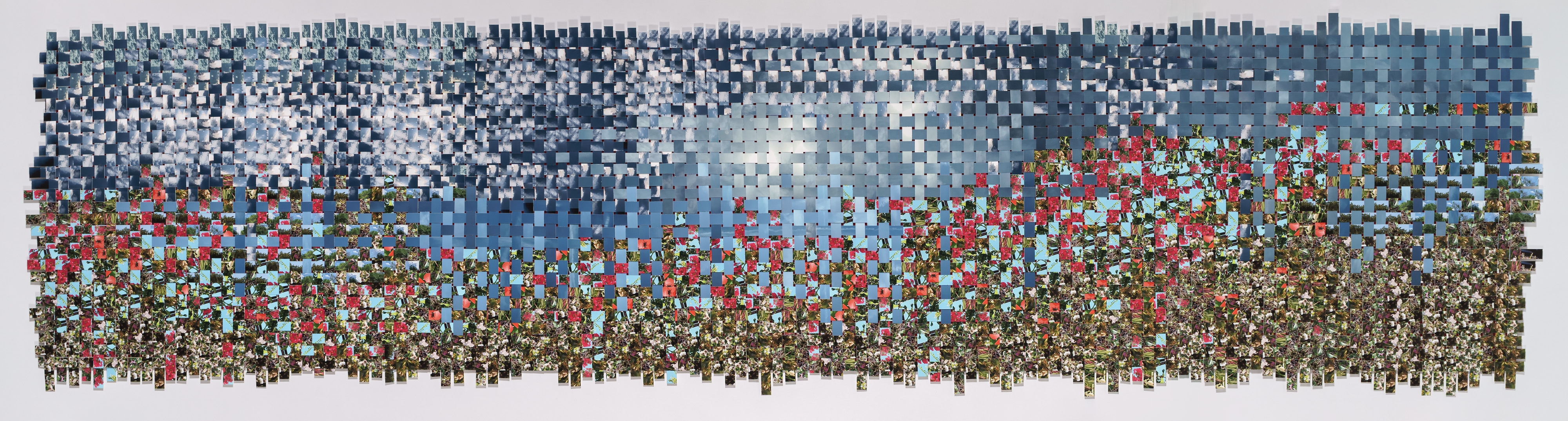 Pixelated landscape composition with a clouded sky in shades of blue and white occupying the upper two-thirds, transitioning to a densely layered field of red flowers and olive-green foliage in the lower portion. The work is constructed from hundreds of small rectangular color swatches arranged in a grid-like pattern, creating a mosaic-like effect that suggests both digital imagery and naturalistic scenery.