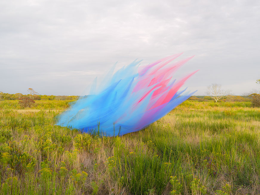 A vibrant, sweeping gesture of blue, pink, and red fabric or material billows across a natural landscape of green marshland and sparse trees under an overcast sky.