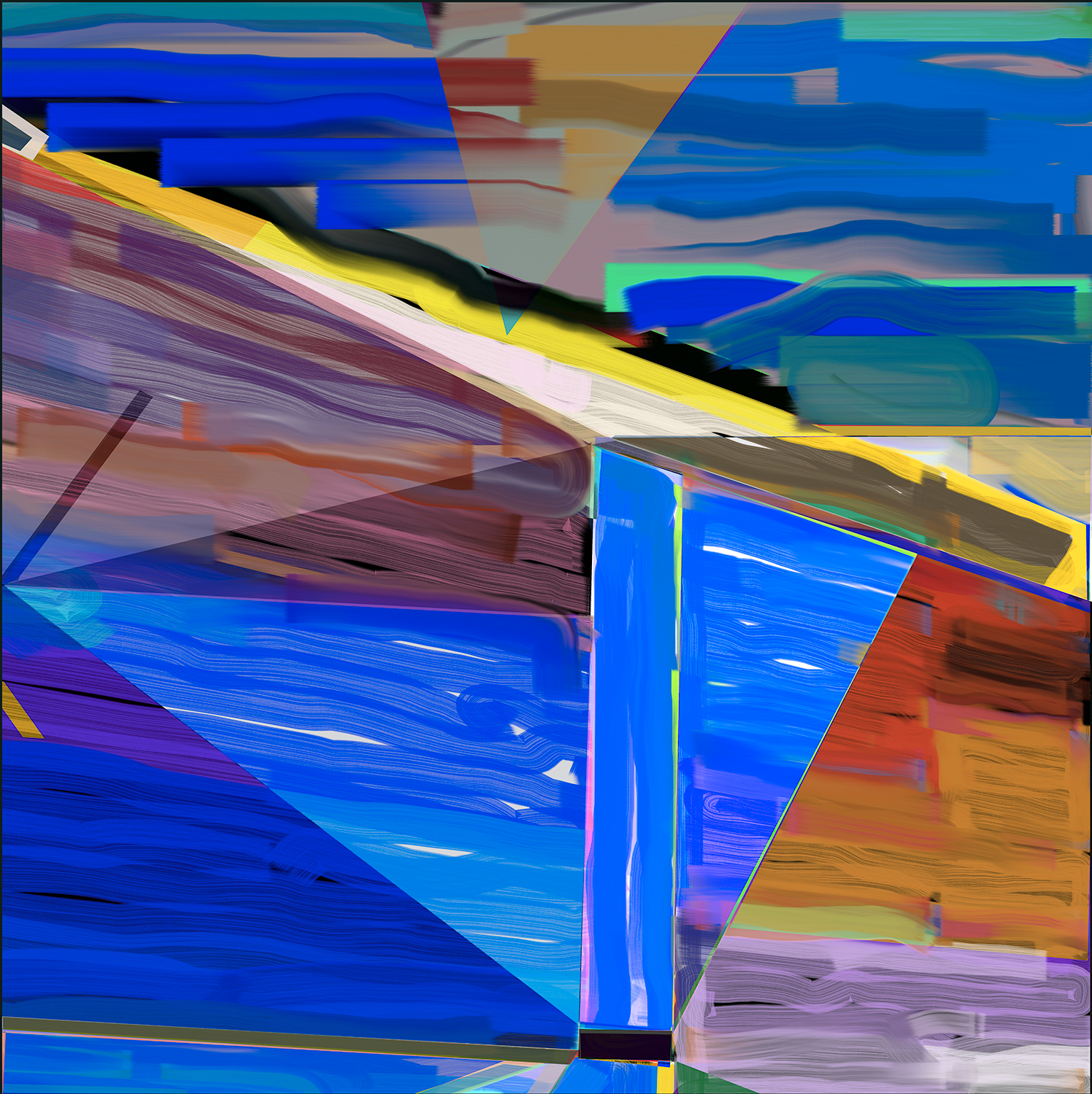 Abstract digital composition featuring overlapping geometric planes in vibrant blues, yellows, purples, and oranges, with dynamic linear streaks and layered translucent forms creating a sense of movement and spatial depth.