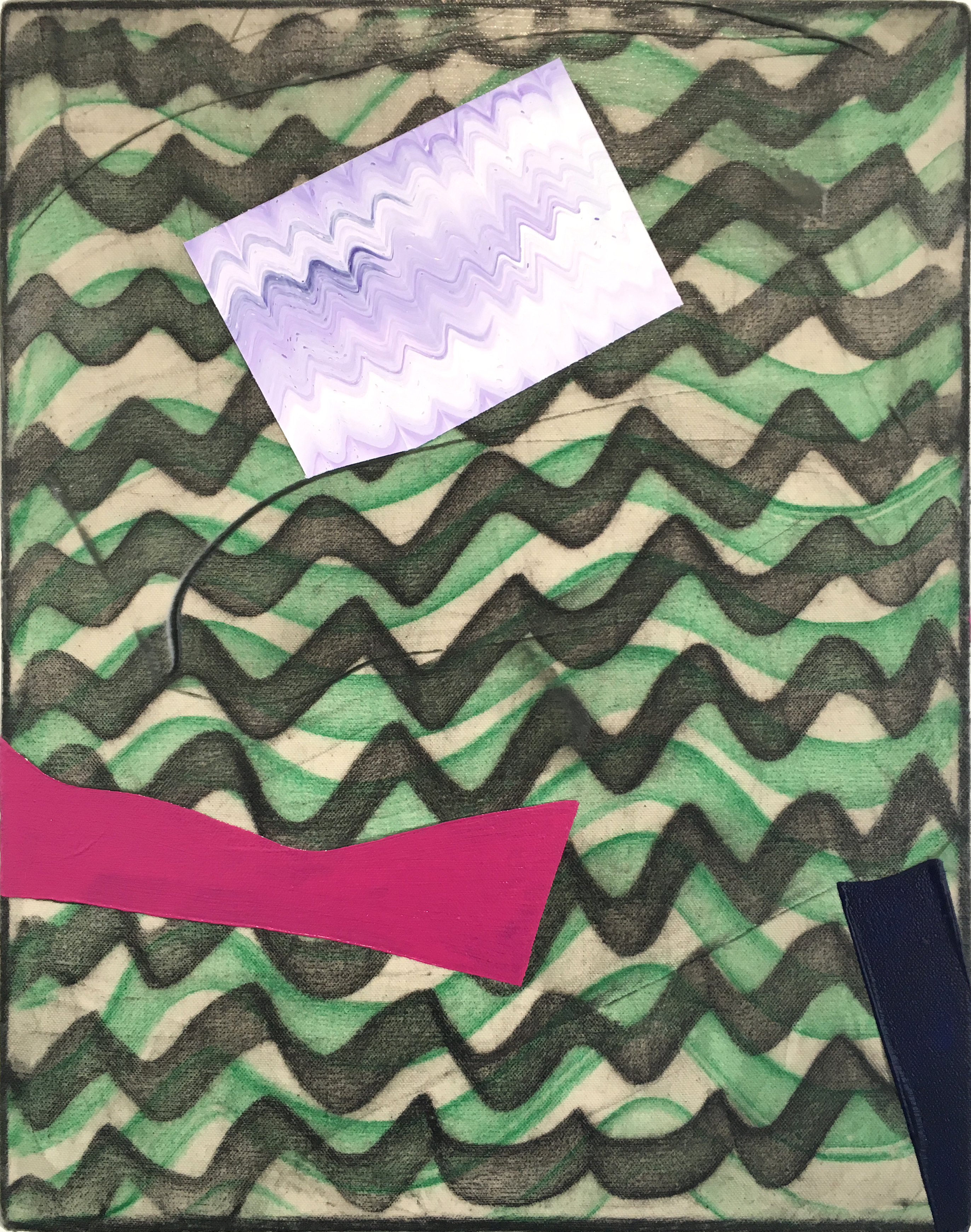 A wavy striped canvas in shades of green, cream, and charcoal is layered with a translucent lavender sheet marked with purple zigzag lines, a bright magenta curved shape, and a dark navy element in the lower right corner.