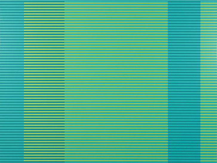 Horizontal stripes in shades of teal, dark teal, and chartreuse yellow create a rhythmic pattern across the composition. The striped field is interrupted by a vertical band of darker teal on the right side, creating a subtle division in the otherwise uniform linear design.
