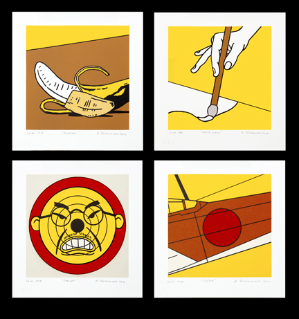 Four-panel suite of stylized graphic compositions in yellow, white, brown, and red. Top left depicts a curved measuring tape and sewing needle on brown background. Top right shows hands manipulating a wooden stick or rod against yellow. Bottom left features a yellow face with exaggerated features enclosed in concentric red circles. Bottom right displays an abstract composition of brown and red geometric forms on yellow ground. Bold outlines and flat color planes throughout create a graphic, modernist aesthetic.