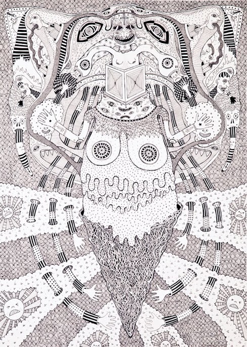 A symmetrical black and white ink drawing featuring an ornate, mask-like face with large circular eyes and geometric patterns, from which an elongated, textured form extends downward. The composition is densely filled with intricate line work, repeated motifs, and decorative elements that create a sense of ritualistic or ceremonial imagery.