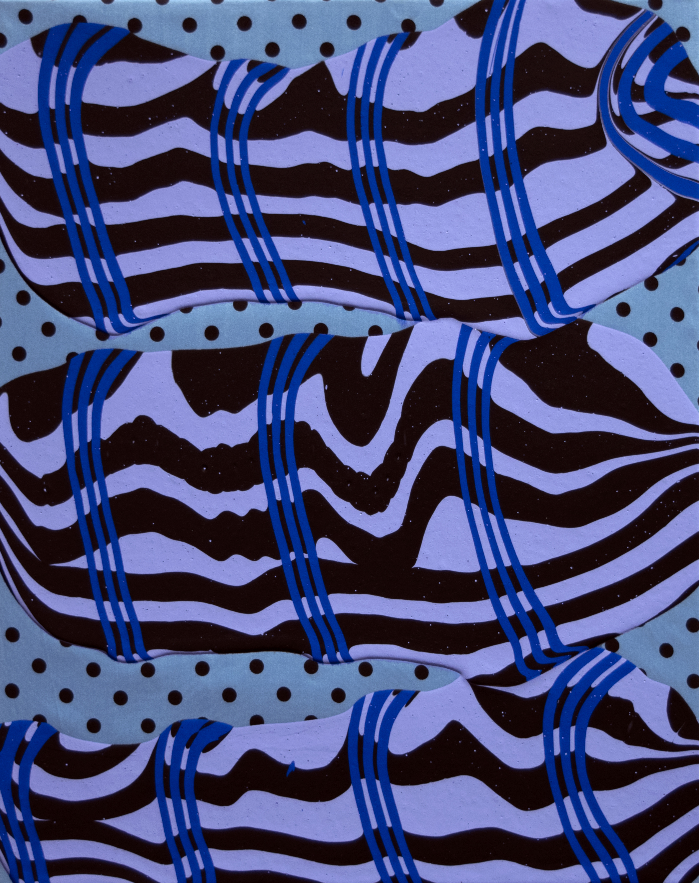 Abstract composition featuring horizontal undulating stripes in black and periwinkle blue, intersected by vertical bands of blue lines creating a grid-like pattern. Small dark circular dots pepper the light blue background areas, while the overall effect suggests movement and optical vibration through the rhythmic interplay of wavy and straight forms.