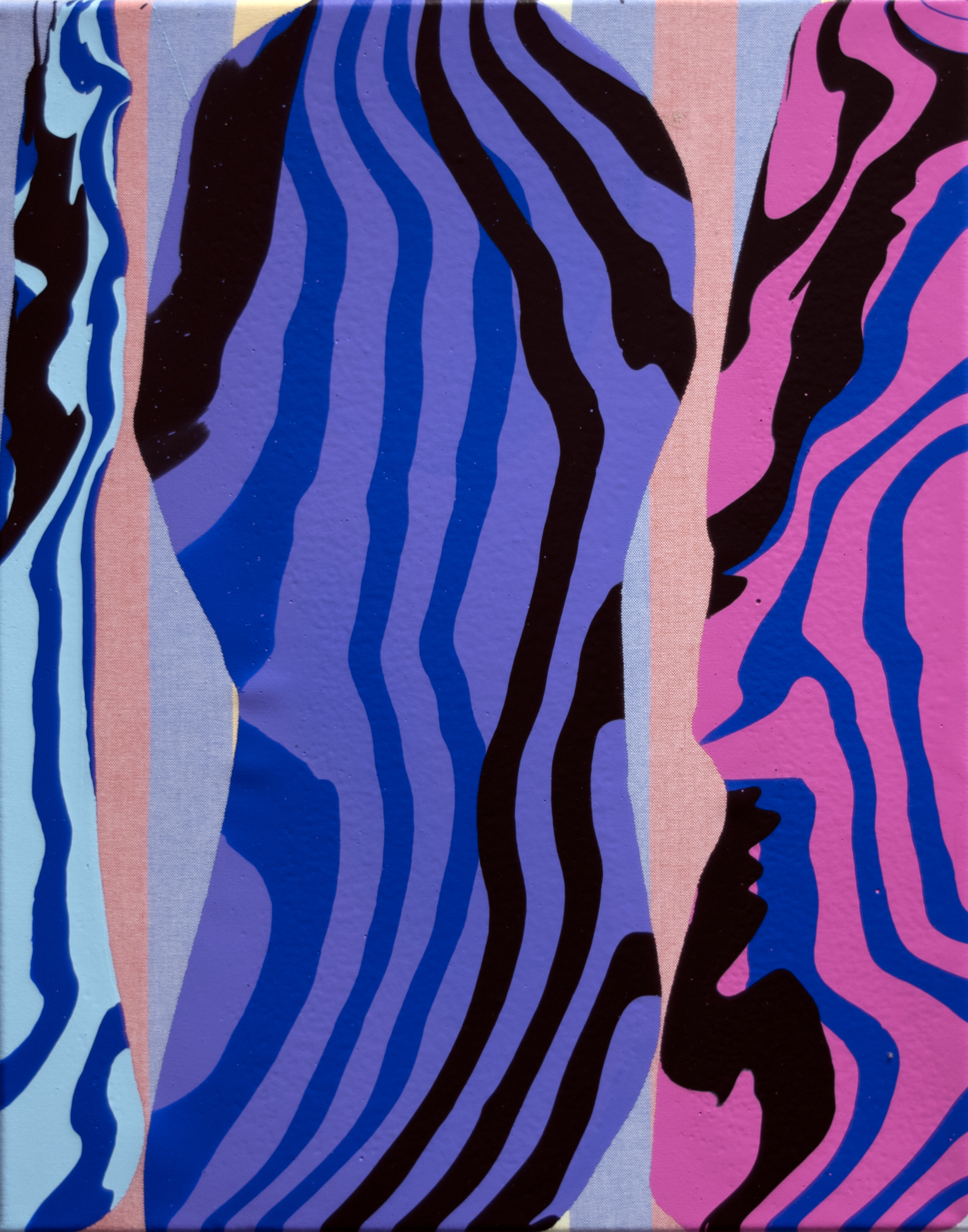 Abstract composition of vertical flowing bands in shades of blue, purple, pink, and black, separated by narrow strips of pale gray and tan, creating a fluid, wave-like pattern across the canvas.