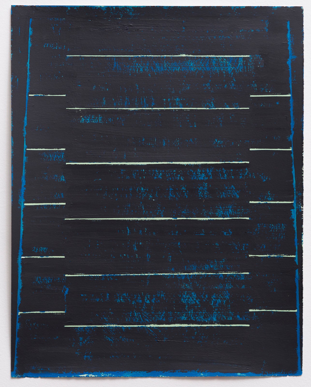 A dark navy canvas with bright blue texture and distressing throughout, intersected by horizontal lines in white and pale green that span across the composition. The work features a stark geometric framework with vertical blue strokes along the left and right edges, creating a sense of depth and structure against the weathered, heavily textured background.