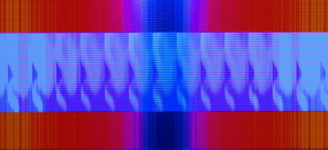 Horizontal composition with vibrant gradient bands of red, orange, pink, magenta, and blue, featuring a central section of lighter blue with repeating vertical flame-like or wave patterns in darker blue. Fine horizontal scan lines run throughout, creating a digital or electronic visual quality.