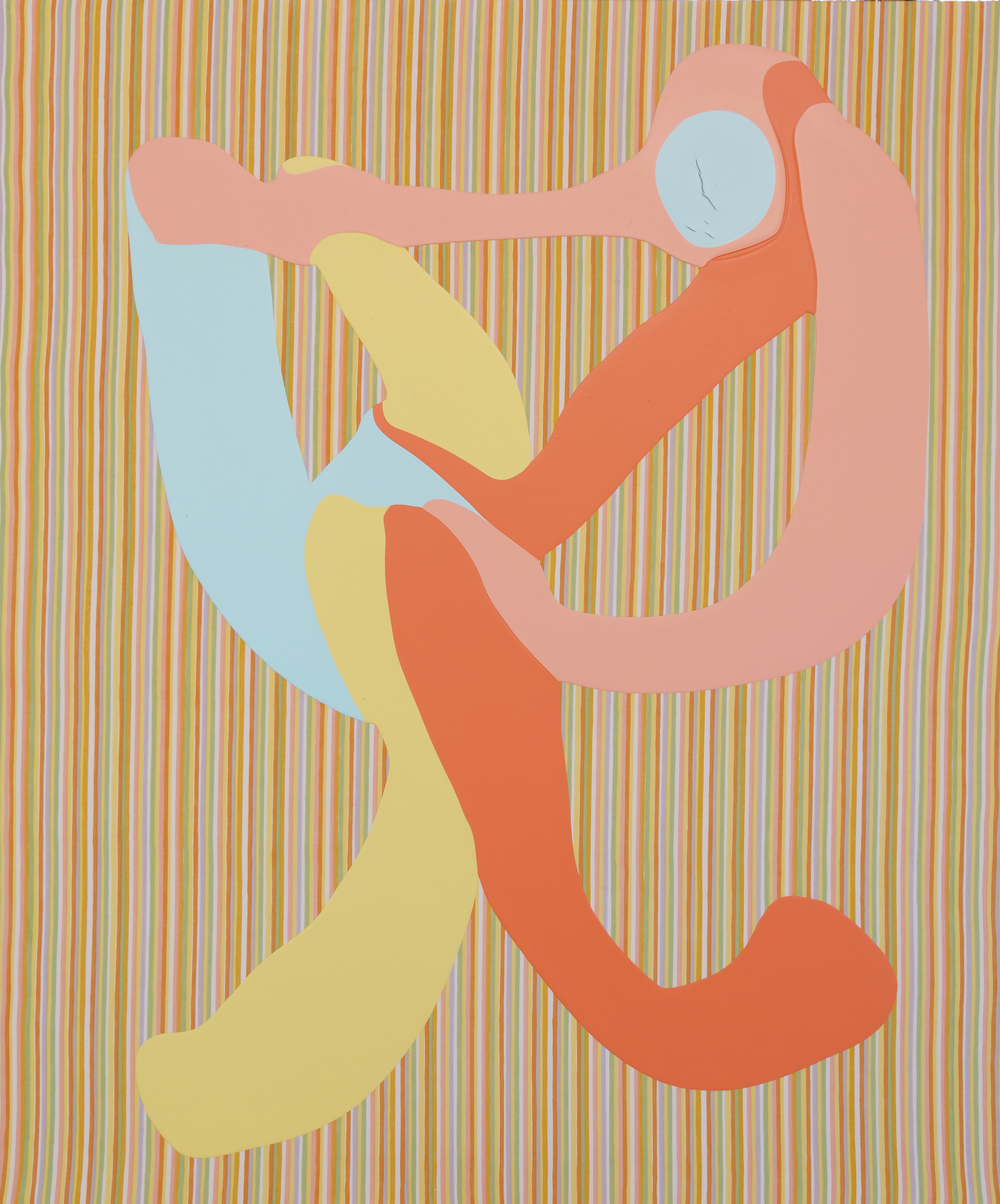 Abstract composition featuring overlapping organic shapes in pastel pink, coral, light blue, and pale yellow against a striped background of muted earth tones. The fluid, interlocking forms suggest a gestural, playful exploration of color and form rendered in soft, matte tones.